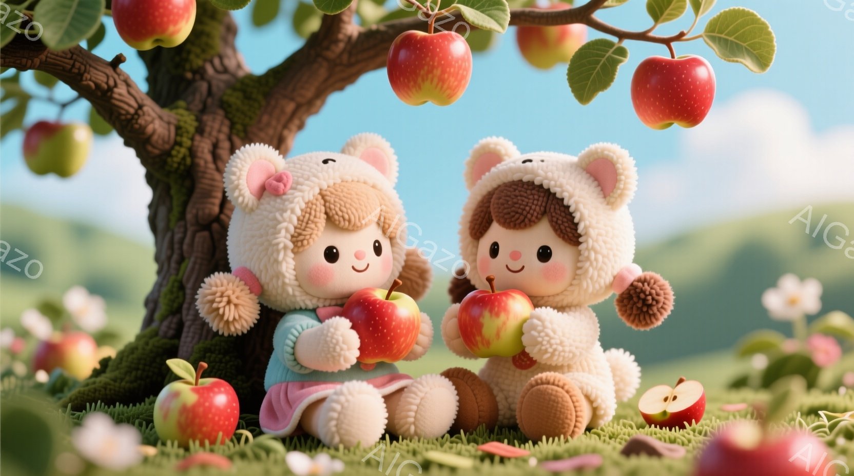 ふわふわとした質感の可愛らしいキャラクターが二人、リンゴ園で座ってリンゴを食べている様子が描かれています。キャラクターは、頭に毛糸のような髪型をしており、クマのようなフード付きのセーターを着ています。背景には、リンゴの木や散らばったリンゴ、そして緑豊かな草地が広がり、穏やかで温かい雰囲気を醸し出しています。