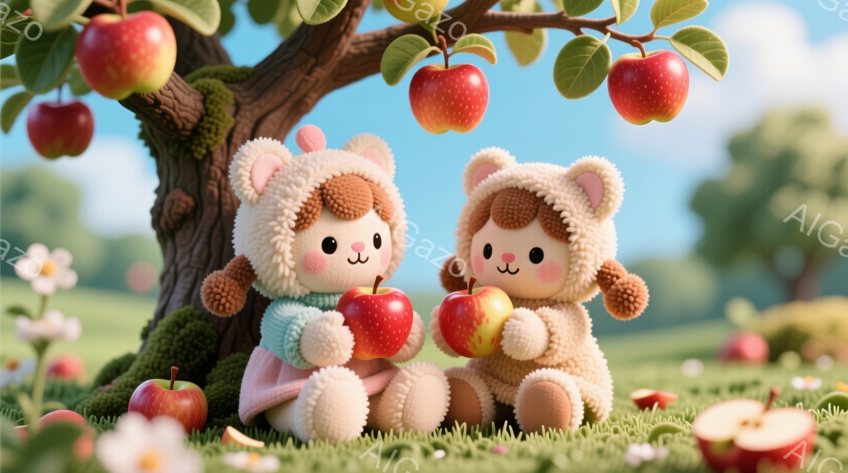 ふわふわとしたテディベアのようなキャラクターが二人、リンゴの木の下に座っています。一人は水色のセーターを着て赤いリンゴを、もう一人はピンクのセーターを着て黄色いリンゴをそれぞれ手に持っています。背景には緑の芝生、白く可愛らしい花、そしてたくさんの赤いリンゴが実ったリンゴの木があり、全体的に温かく、可愛らしい雰囲気が漂っています。