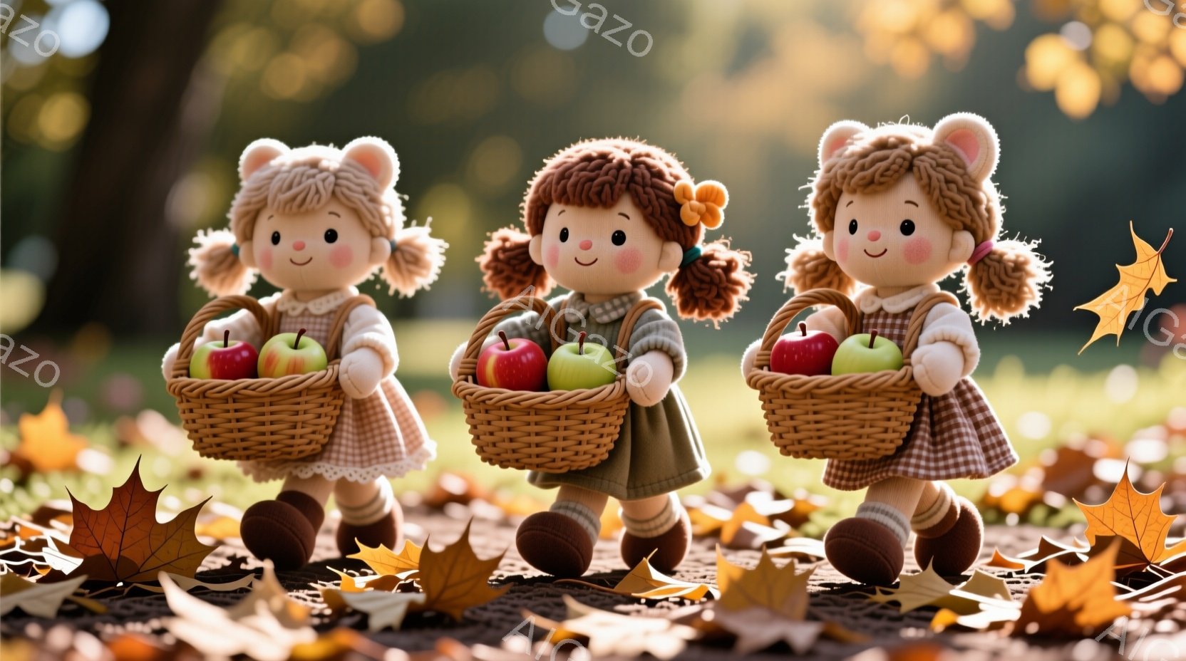 3体の可愛らしい人形が並んで立っており、それぞれ手に籐製のバスケットを持っています。人形はピンクの頬と明るい笑顔を持ち、茶色の巻き毛の髪はリボンで結ばれています。背景には落ち葉が散らばる緑豊かな自然が広がり、温かく穏やかな秋の日の雰囲気が漂っています。
