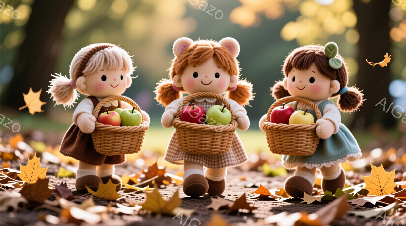 可愛らしい人形が三人、それぞれバスケットいっぱいの赤いリンゴを持って並んでいます。人形たちは茶色、オレンジ、水色の可愛らしいドレスと、毛糸で作られたような髪型で、顔には穏やかな笑顔が見られます。背景には、落ち葉が敷き詰められた道と、ぼやけた木々が見え、秋の温かく柔らかな雰囲気が漂っています。