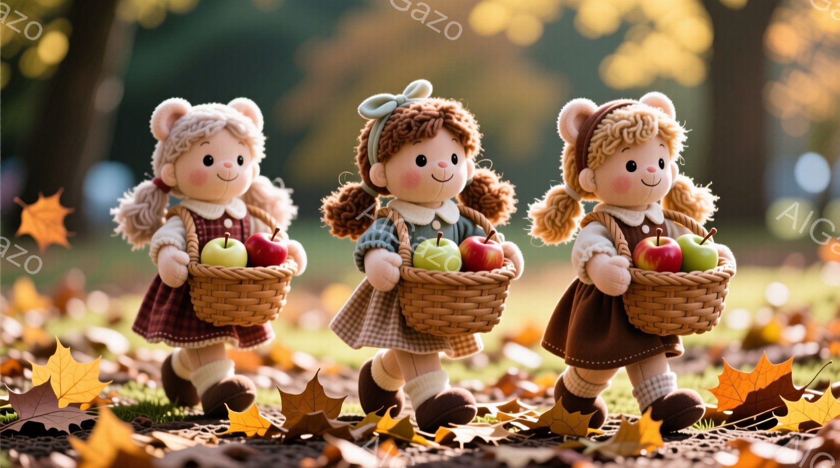 それぞれバスケットいっぱいのリンゴを持っている、可愛らしい人形が三体並んでいます。人形は茶色の巻き毛の髪を二つに結び、チェック柄のスカートと茶色のベストを着て、明るい笑顔を浮かべています。背景には秋らしい紅葉が散りばめられ、暖かく、穏やかな雰囲気を醸し出しています。