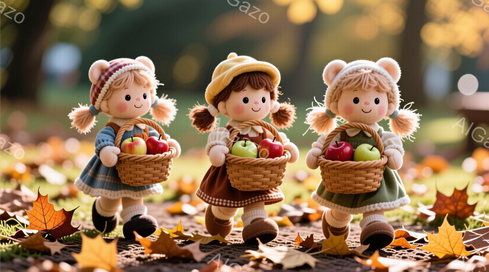 それぞれバスケットに入ったリンゴを持ち、並んで歩いている３人の可愛らしい少女が描かれています。彼女たちは、クリーム色の髪を二つに結び、同じような帽子とスカート、ブーツを身に着けており、楽しそうな表情をしています。背景には落ち葉が散りばめられた道と、ぼやけた緑の風景が見え、秋の穏やかな雰囲気を醸し出しています。