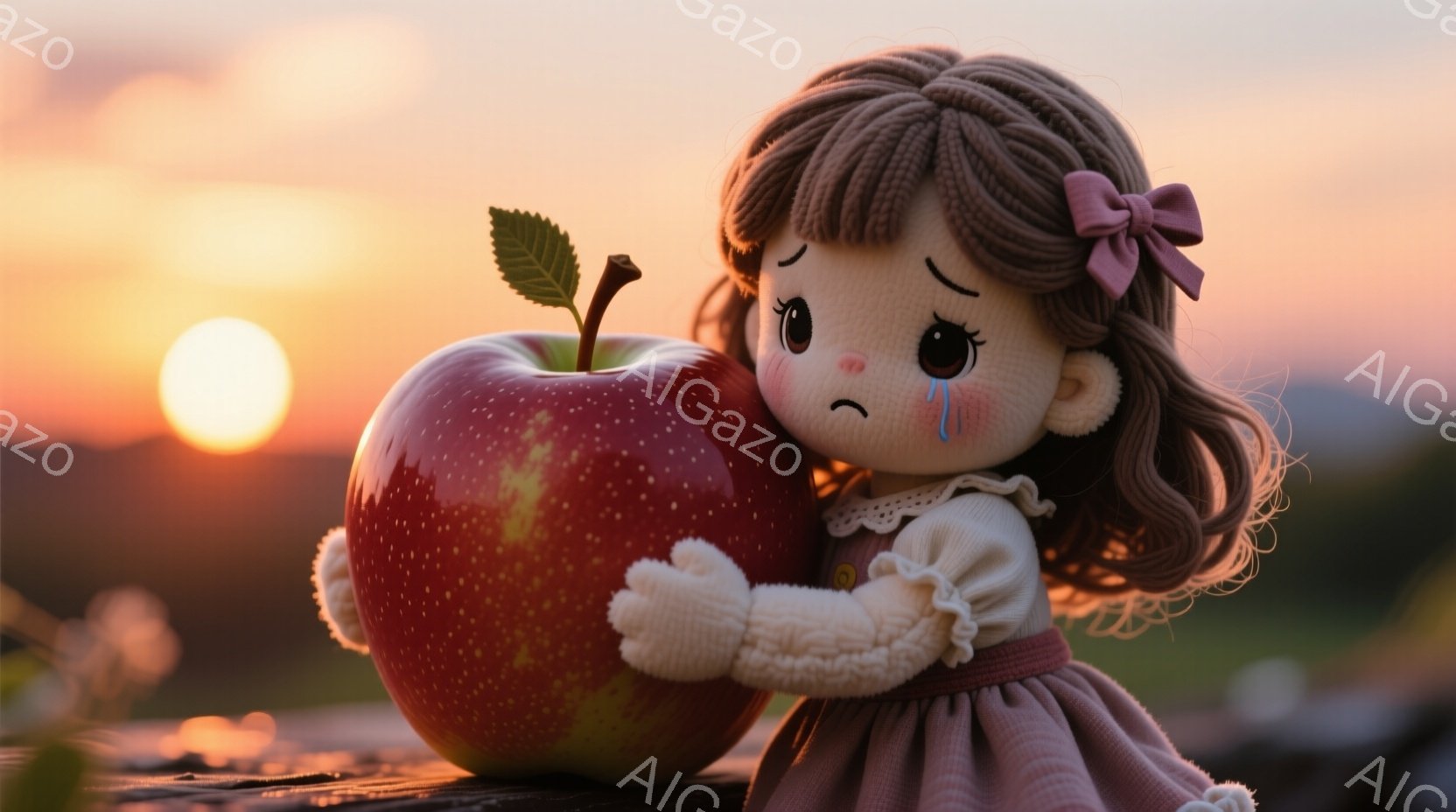 赤毛の少女が大きな赤いリンゴを抱きしめています。彼女はピンク色のリボンとカールした髪、そして涙を浮かべた悲しそうな表情をしています。背景には夕焼けの空とぼやけた風景が広がり、全体的に物憂げで切ない雰囲気が漂っています。