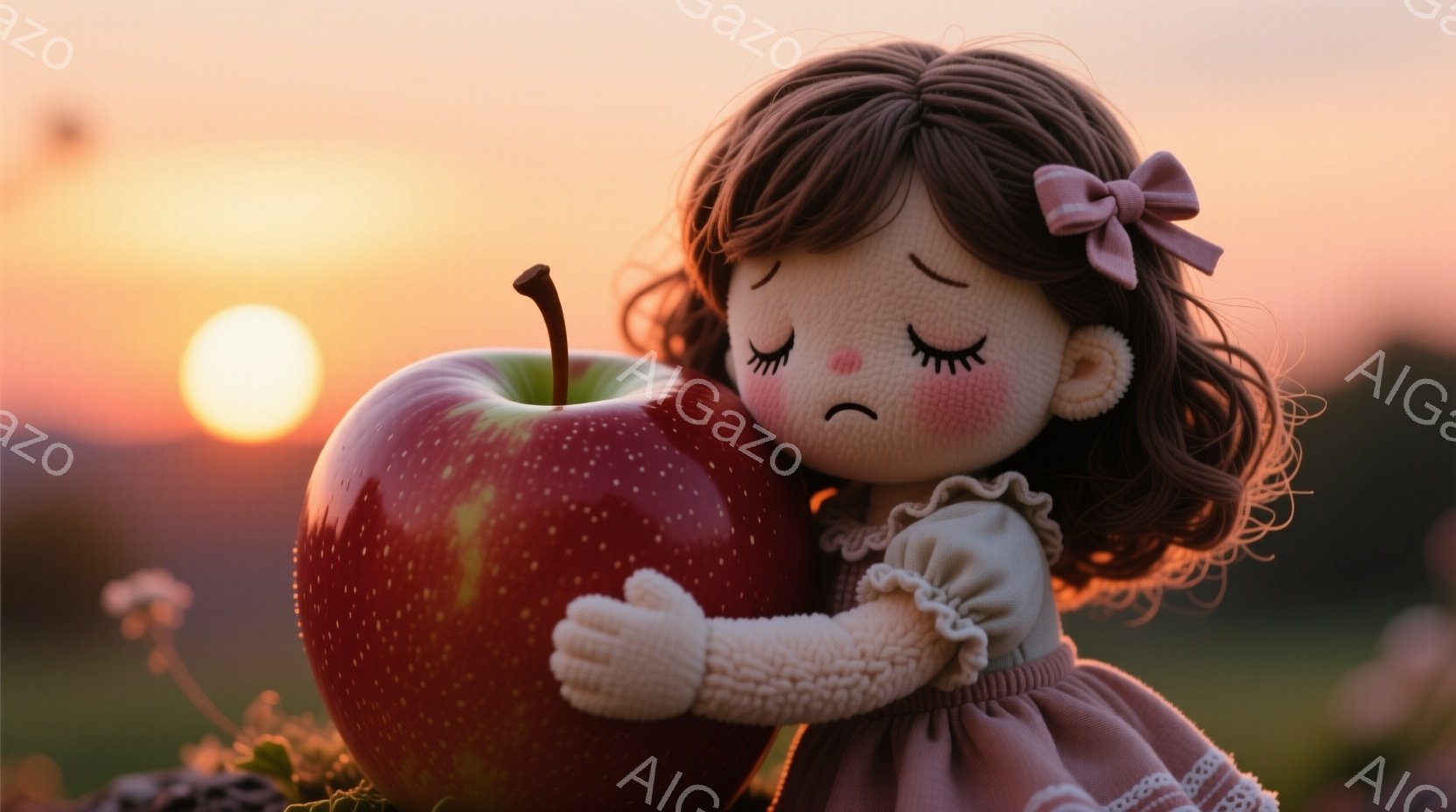 濃い茶色の巻き毛にピンクのリボンをつけた少女の人形が、真っ赤なリンゴを抱きしめています。人形は薄いピンク色のフリル付きのドレスを着ており、優しい表情をしています。背景には夕焼けが広がり、自然豊かな風景が広がっています。