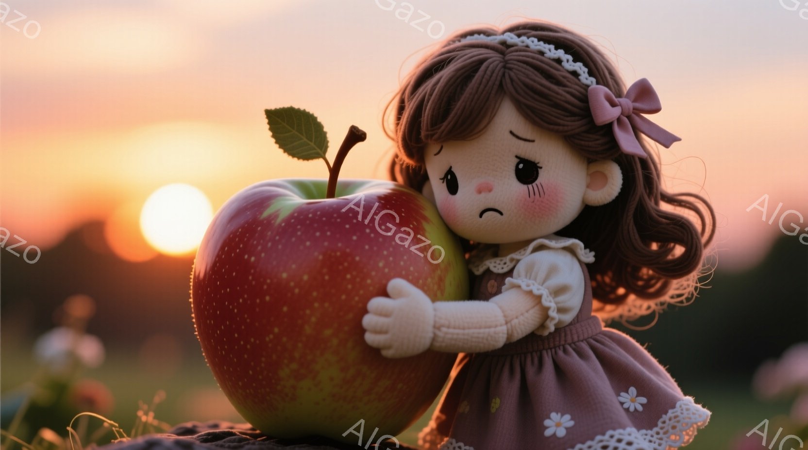 茶色の巻き毛にピンクのリボンをつけた少女が、巨大な赤いリンゴを抱きかかえています。ピンク色のワンピースに白いレースが飾られており、少し悲しそうな表情をしています。背景は夕焼けに染まった緑の草原で、温かくノスタルジックな雰囲気を醸し出しています。