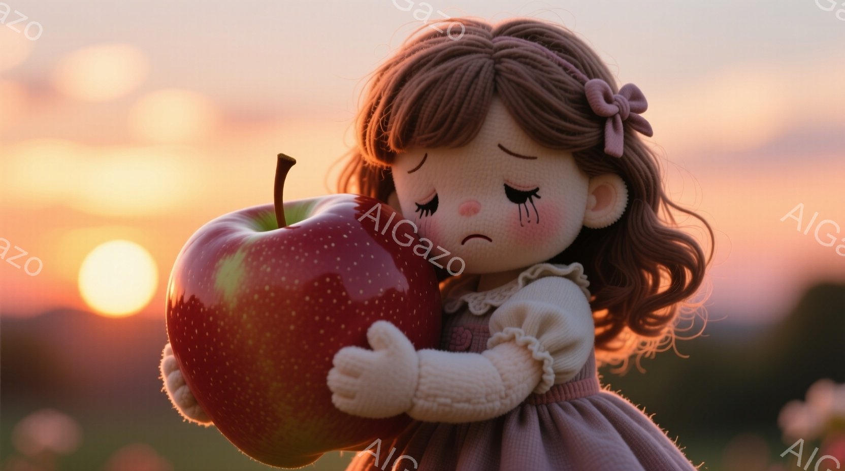 明るい夕焼けを背景に、茶色の巻き毛にピンクのリボンをつけた少女が大きな赤いリンゴを抱きしめています。少女は薄いピンク色のワンピースを着ており、少し悲しそうな表情をしています。背景には緑豊かな草地が広がり、全体的にノスタルジックで優しい雰囲気です。