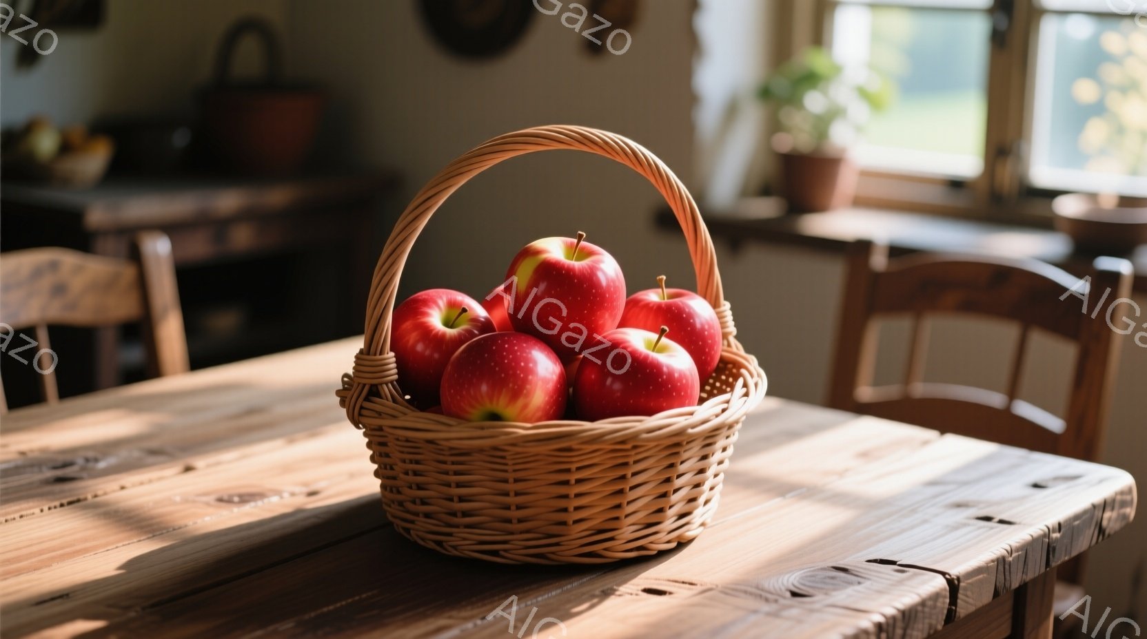 粗い織りのバスケットに赤いリンゴがぎっしりと詰まっている。木製のテーブルの上に置かれ、暖かい光が差し込み、素朴で穏やかな雰囲気を醸し出している。背景には椅子と窓が見え、自然光が差し込み、静かで落ち着いた空間を作り出している。