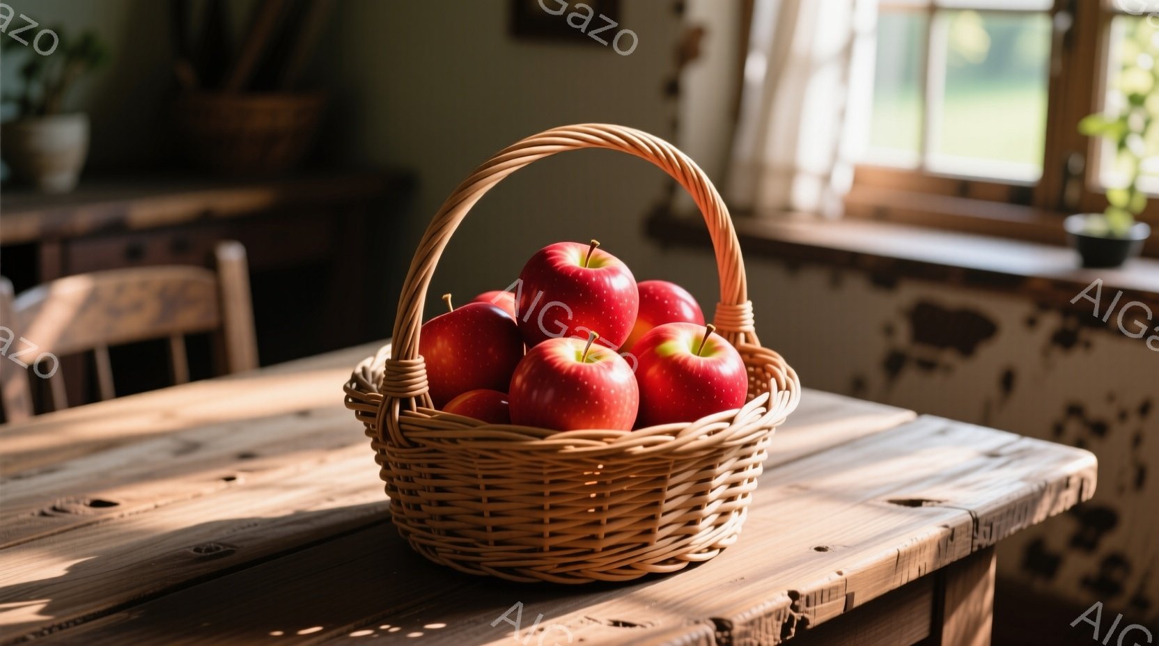 粗い木製のテーブルの上に、赤く熟したリンゴが盛られた籐の籠が置かれている。窓からの光がテーブルに差し込み、影を作り出している。背景にはぼやけた緑の風景と、古びた壁が見え、素朴で温かい雰囲気を醸し出している。