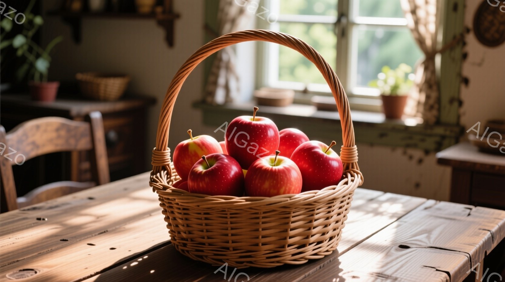 ざらざらとした木製のテーブルの上に、赤く輝くリンゴがたっぷり詰まった籐の籠が置かれています。背景には薄緑色の壁と窓があり、自然光が差し込んで暖かく穏やかな雰囲気を醸し出しています。籠の周囲には、植物や置物がかすかに見え、素朴で落ち着いた空間を演出しています。