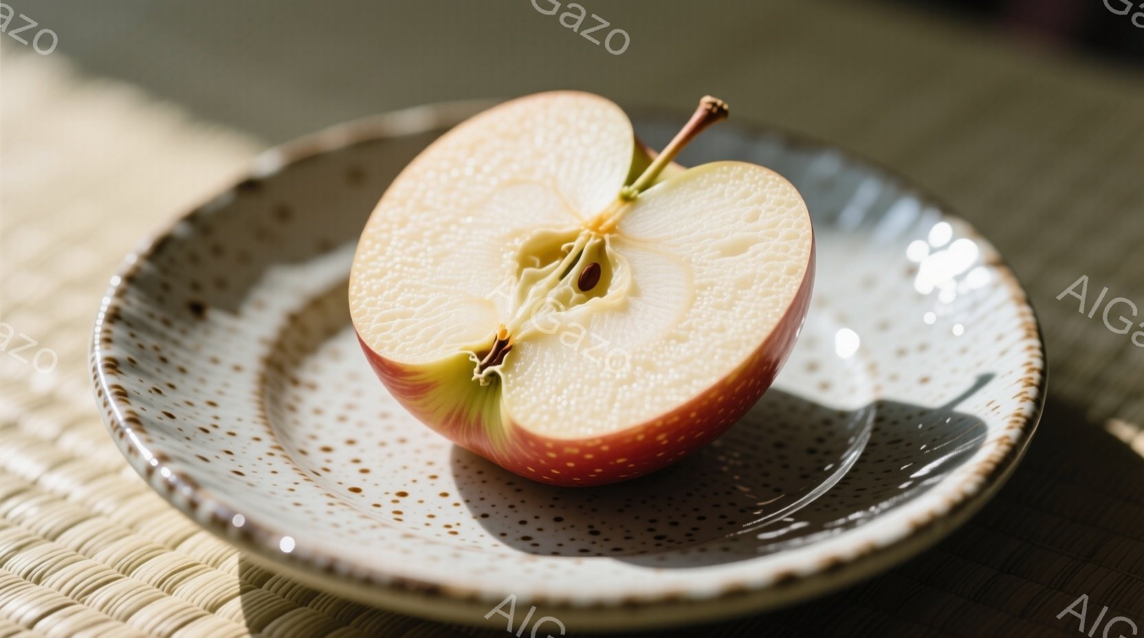 赤いリンゴが半分に切られて、焦げ茶色の水玉模様の皿に乗っています。皿の下には畳のような敷物が敷かれており、光が当たって影が伸びています。全体的に、静かで穏やかな、食欲をそそる雰囲気が漂っています。