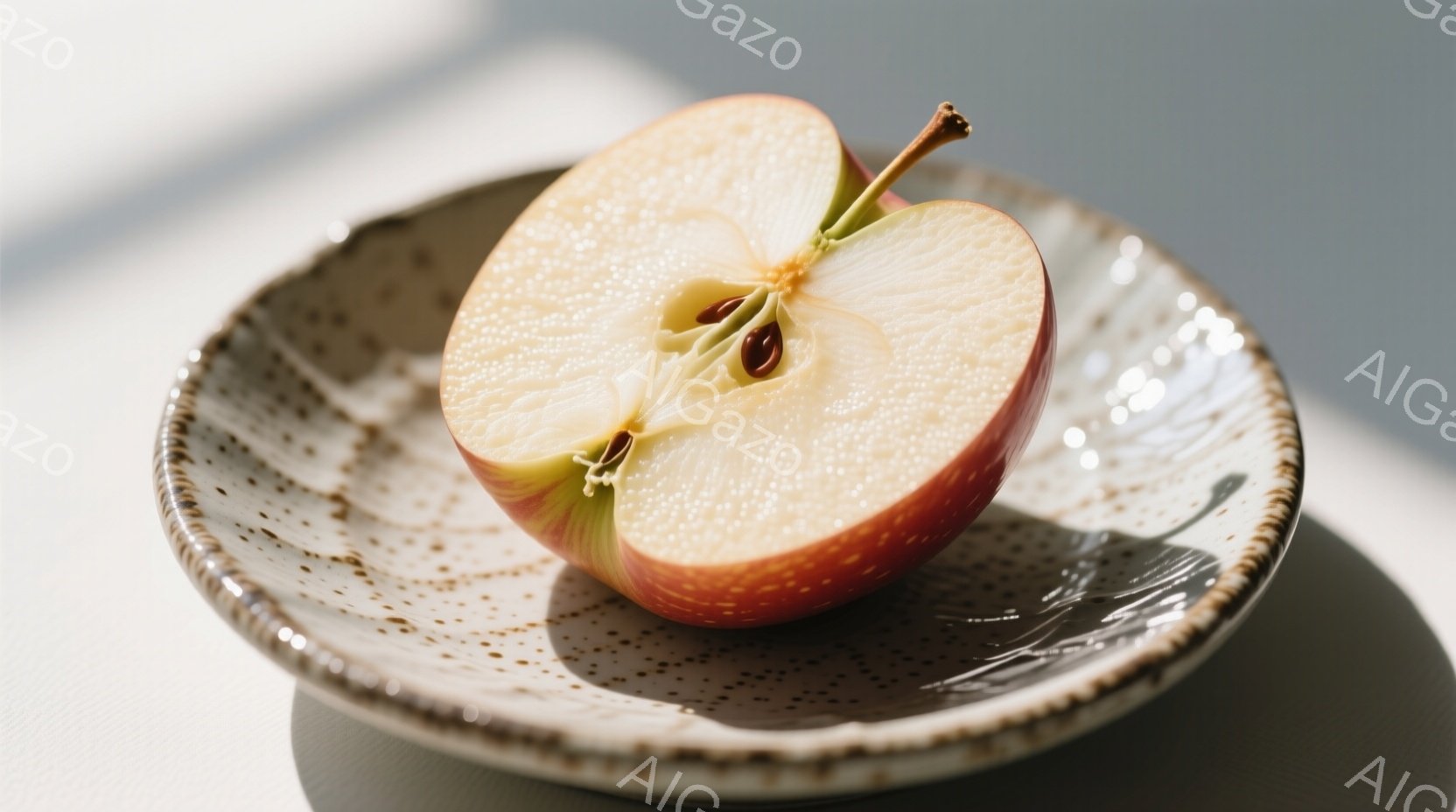 薄いベージュ色の、少しざらつきのあるお皿の上に、半分に切られた赤いリンゴが置かれています。リンゴの中心には茶色の種が見え、果肉は淡い黄色をしています。背景は白く、光が左上から差し込み、リンゴに影を落としており、全体的にシンプルで静かな雰囲気が漂っています。