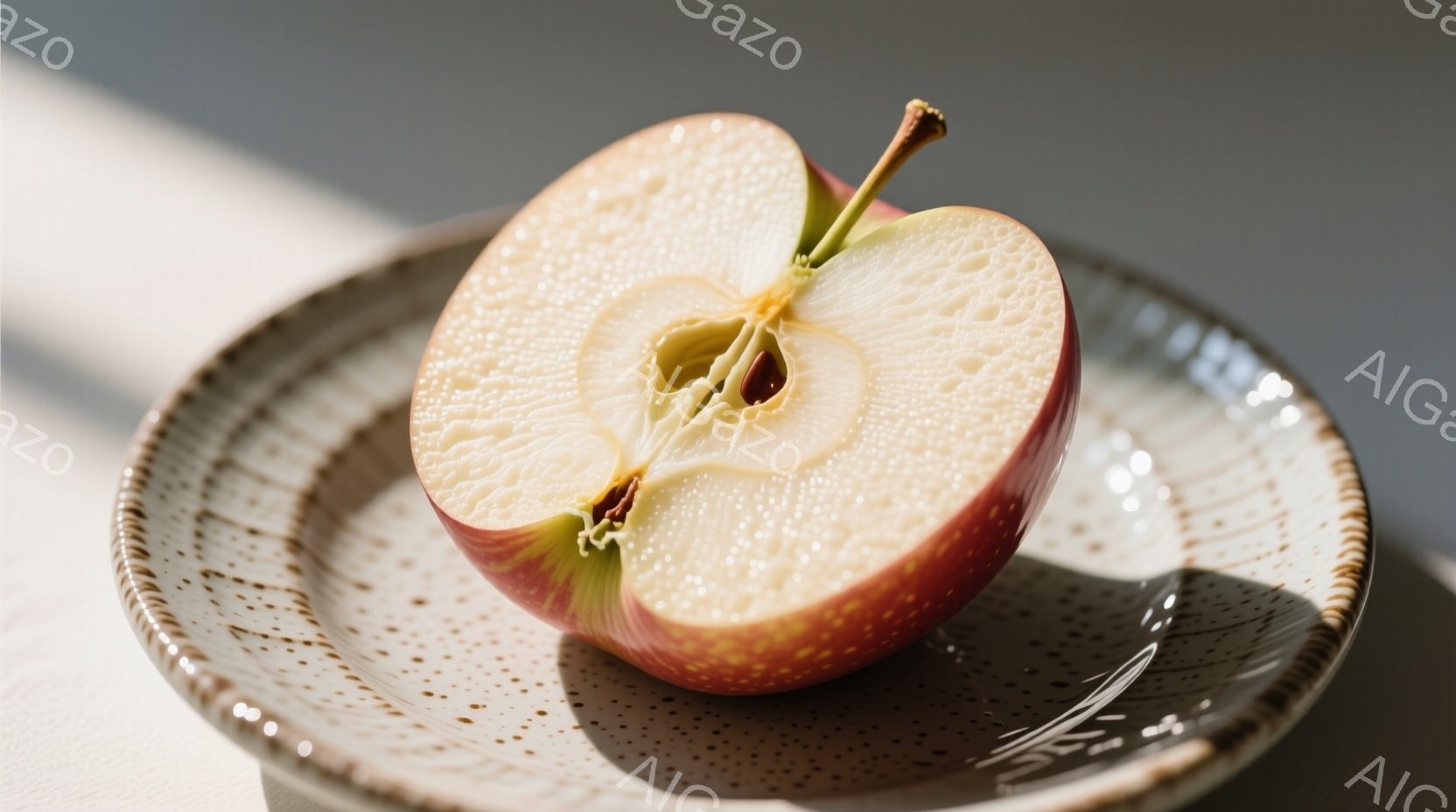 赤いりんごが半分にカットされ、茶色い模様の入ったお皿の上に置かれています。りんごの断面は白っぽく、種が中央に見えます。背景はぼやけており、光が左から差し込んでいる様子が伺えます。