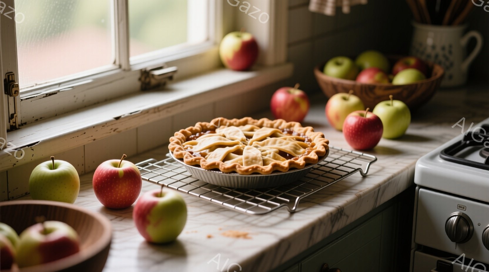 白いキッチンカウンターの上に、焼き立てのアップルパイが金属製のラックに乗せてあります。パイの周りには、赤いリンゴがいくつか散らばっており、籐のバスケットにもリンゴが盛られています。全体的に暖かく、家庭的な雰囲気で、秋の収穫を感じさせる穏やかなシーンです。