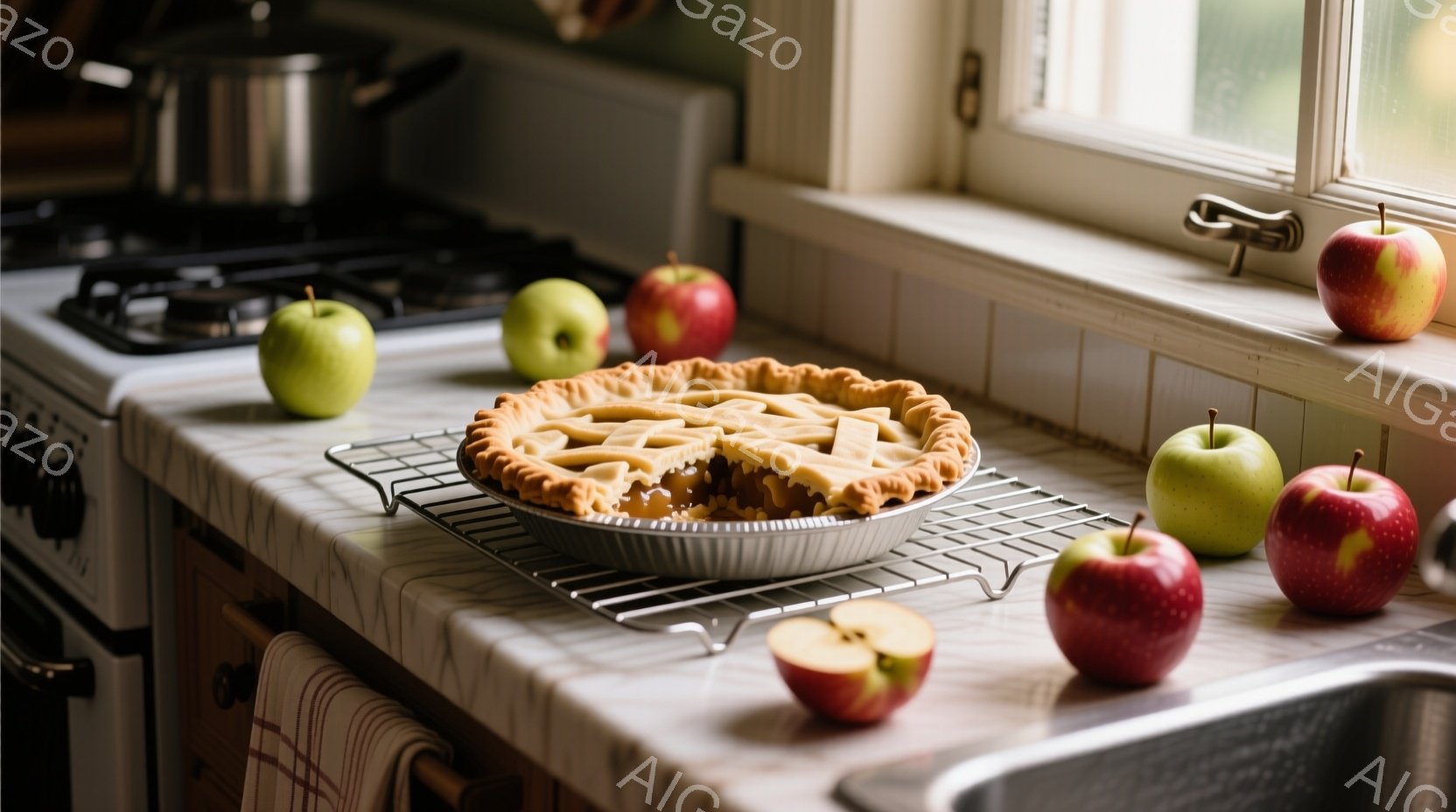 白いカウンタートップに、焼き立てのアップルパイが金属製のラックに乗せて置かれている。パイの周りには、赤いリンゴと緑色のリンゴが数個散らばり、一部は半分にカットされている。背景にはレトロな調理台と窓が見え、暖かく家庭的な雰囲気が漂っている。