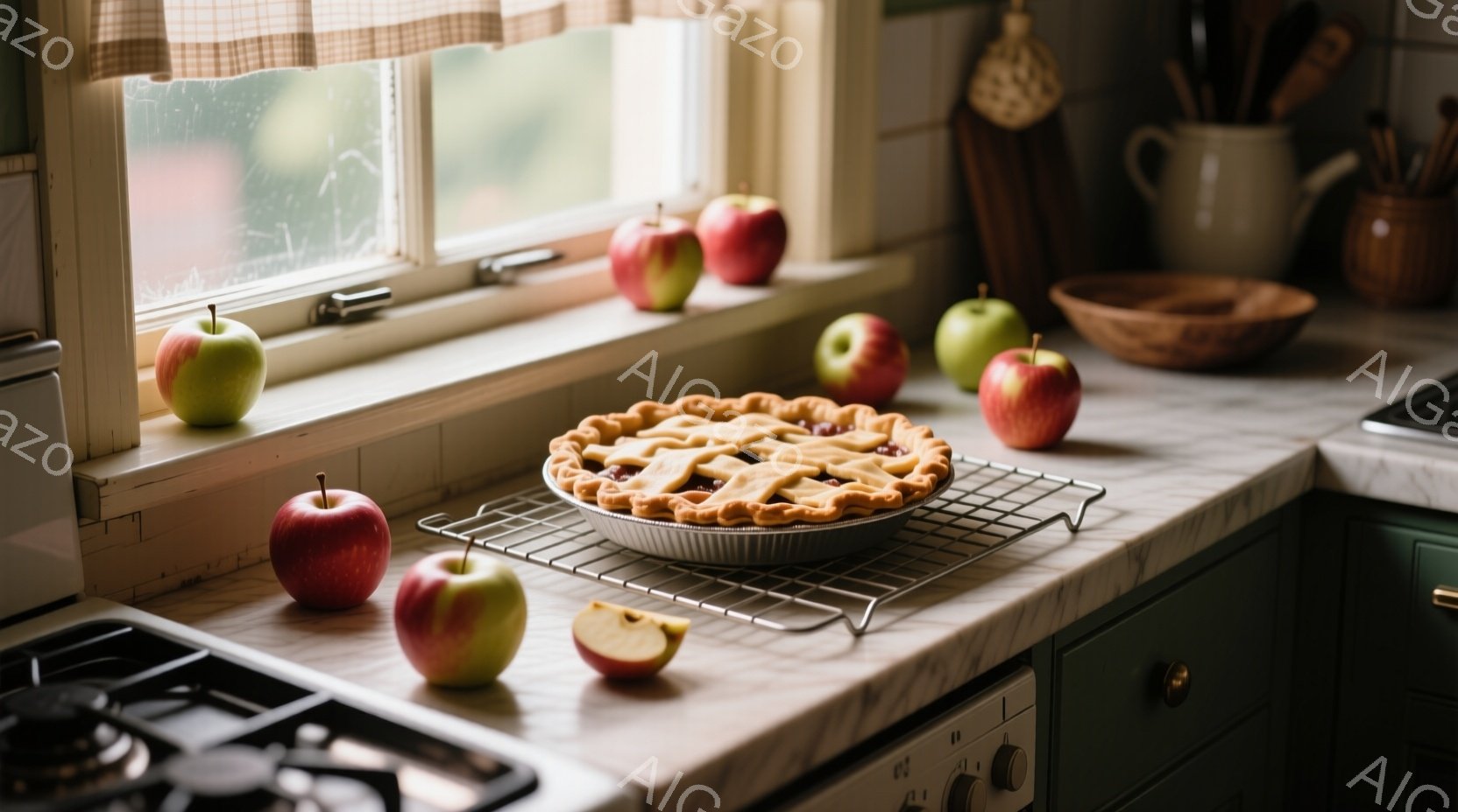 キッチンのカウンタートップに、焼き立てのアップルパイが冷ますために置かれています。パイの周りには、赤や緑の新鮮なリンゴが散りばめられ、一部は切り開かれて美味しさを予感させます。背景には窓から差し込む自然光と、調理器具が並ぶ様子が見え、温かく穏やかな家庭的な雰囲気が漂っています。