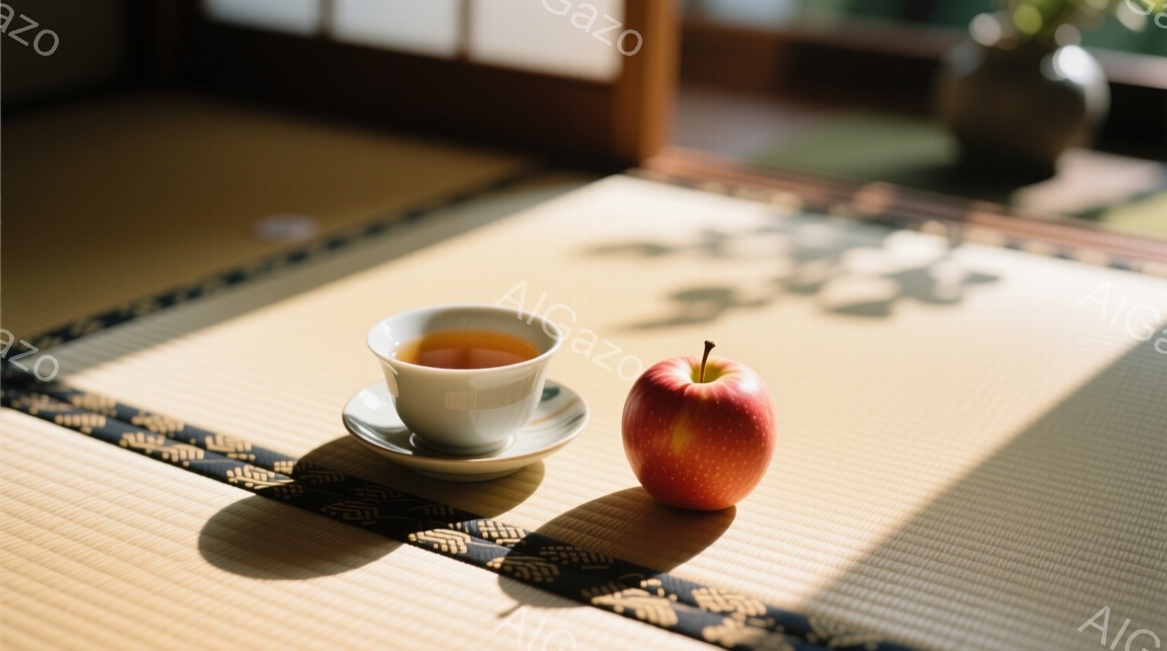 畳の上に、白磁の湯呑みと赤いリンゴが並んでいる。窓から差し込む光が畳の目に影を作り、静かで穏やかな雰囲気を醸し出している。湯呑みには茶色がかったお茶が入っており、簡素ながらも洗練された印象を与える。