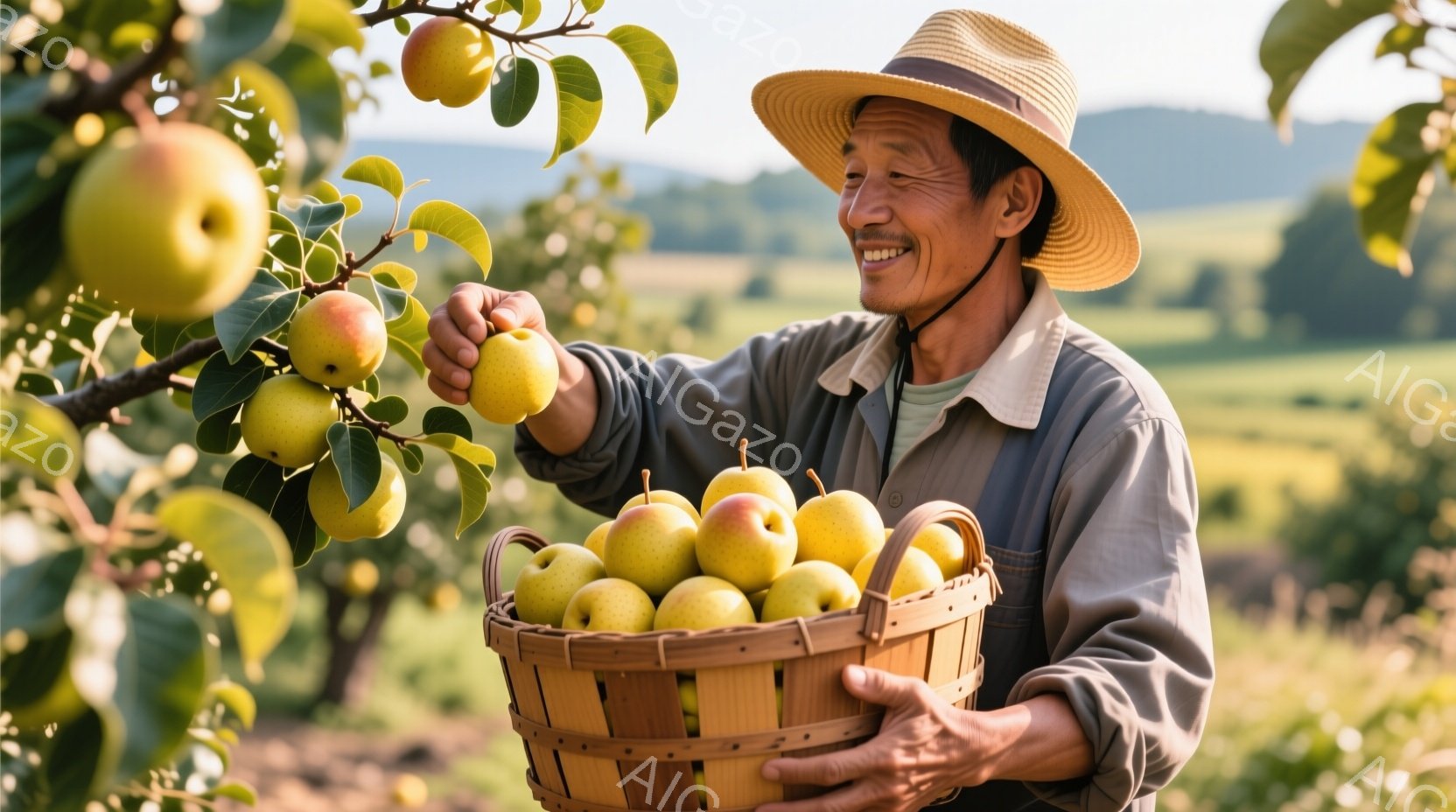 庭で梨を収穫している男性が写っています。彼は麦わら帽子とオリーブグリーンのシャツを着ており、満面の笑みを浮かべています。背景には梨の木々と緑豊かな丘が広がり、晴天の下、穏やかで平和な雰囲気が漂っています。