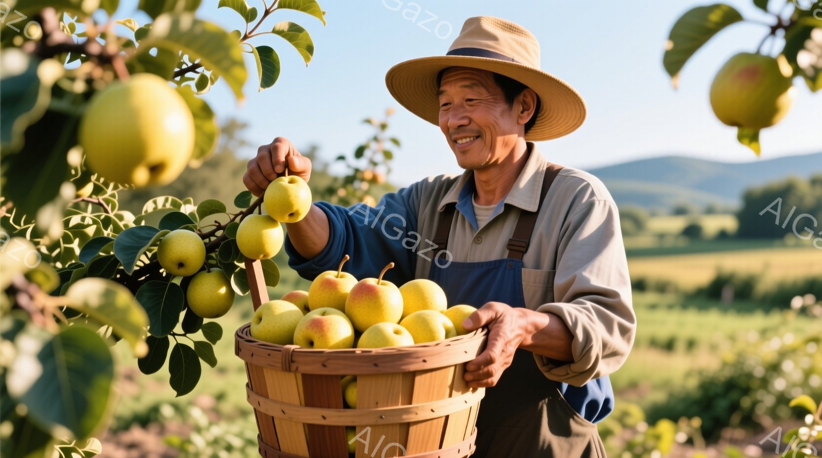 高齢の男性が、収穫した梨を籠に詰めている様子が描かれています。彼はベージュ色のつば広帽子とサスペンダー付きのオーバーオールを着ており、顔には穏やかな笑顔が浮かんでいます。背景には緑豊かな果樹園が広がり、遠くには山々が見え、晴れた日の穏やかな雰囲気が伝わってきます。
