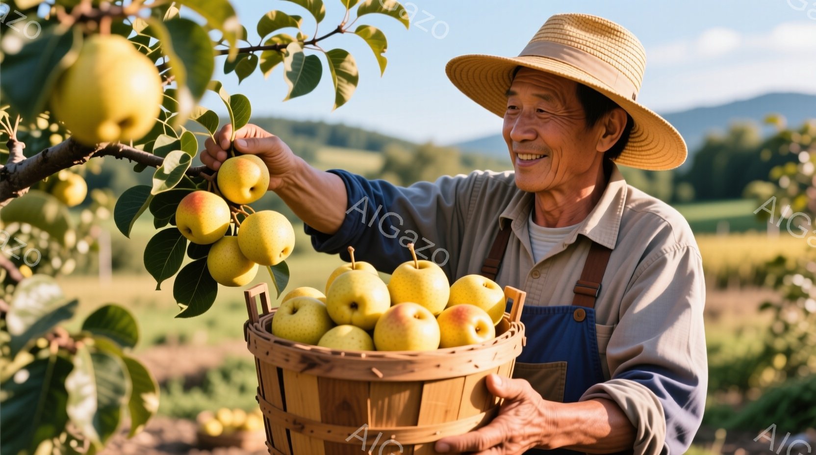 麦わら帽子をかぶり、デニムのオーバーオールを着た高齢の男性が、満載の籠から溢れる黄色い梨を眺めて微笑んでいます。彼は枝からさらに梨を摘み、籠に加える動作をしています。背景には緑豊かな果樹園が広がり、穏やかな日差しと遠くに見える山々が、平和で収穫の喜びを感じさせる雰囲気を作り出しています。