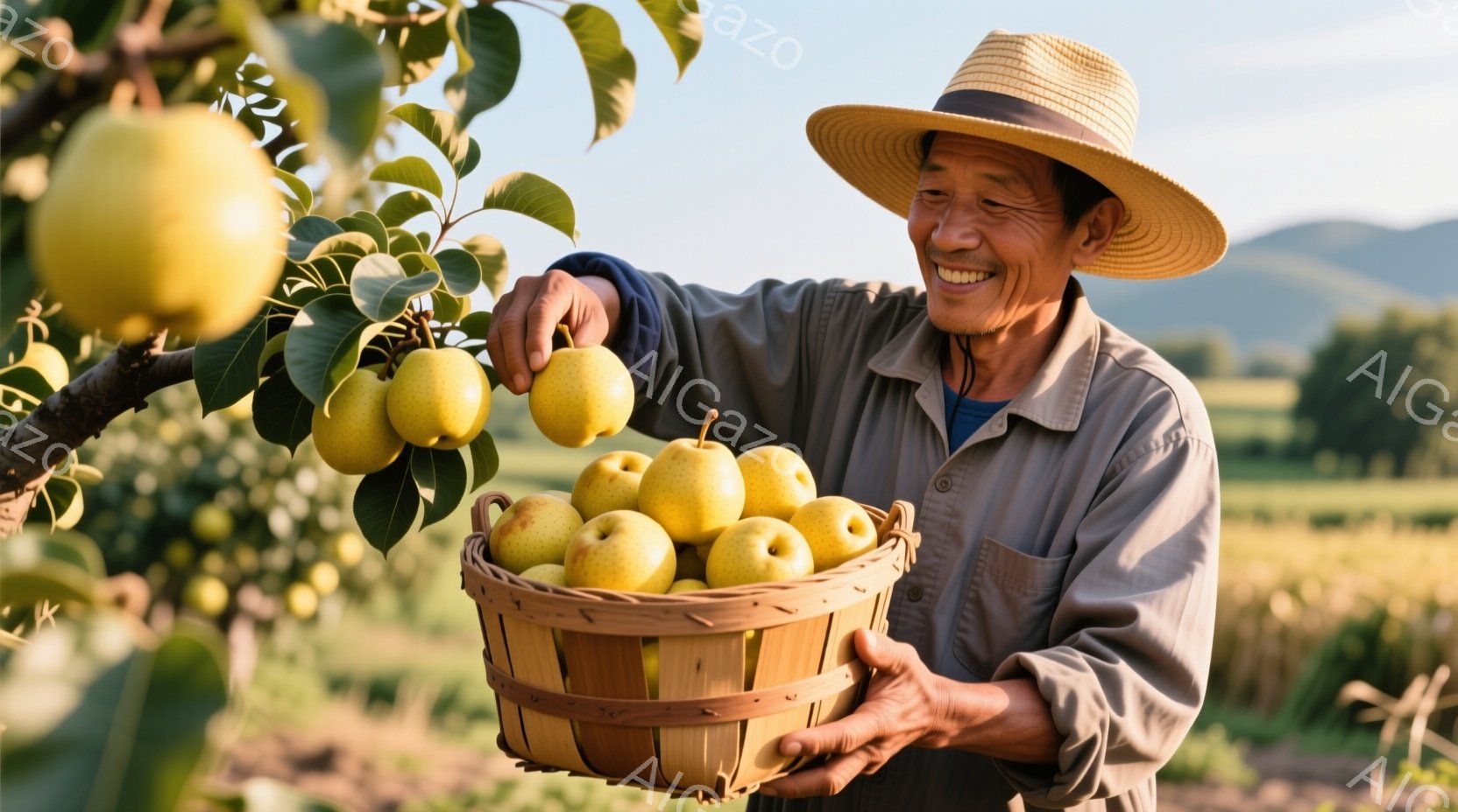 年配の男性が麦わら帽子をかぶり、青いシャツとベージュ色の作業着を着ています。彼は満面の笑みを浮かべ、収穫された黄色い梨を籠に放り込んでいます。背景には梨の木々と緑豊かな田園風景が広がり、穏やかな晴天の下、実りの秋の雰囲気が漂っています。