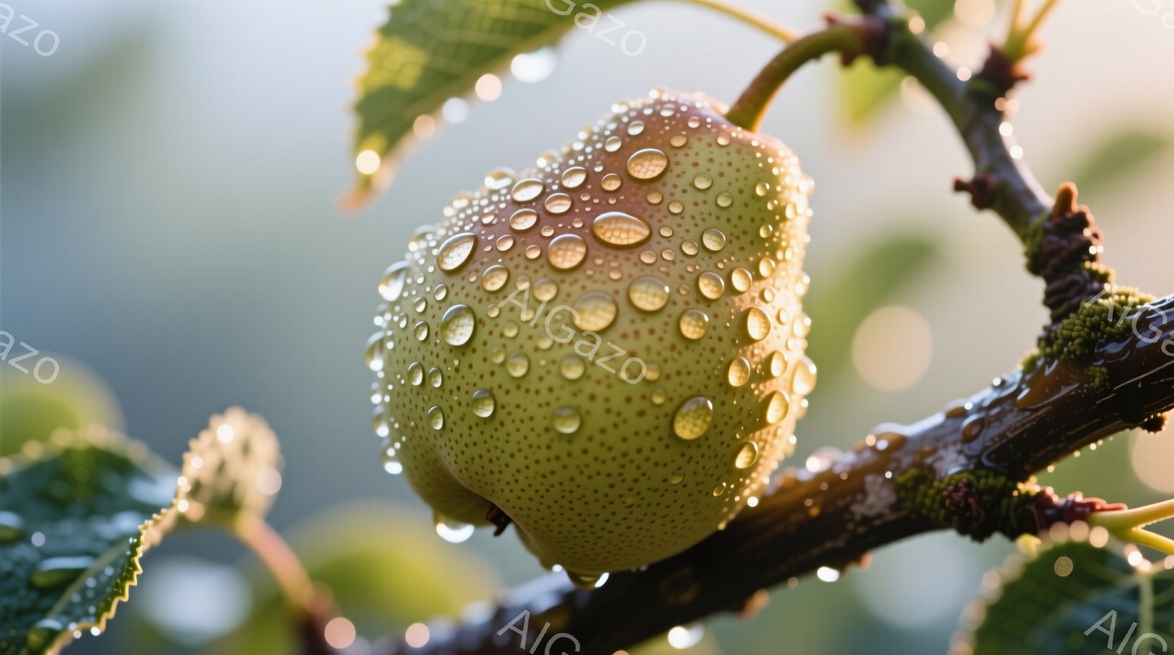 露に濡れた若い梨が枝にぶら下がっているクローズアップ写真です。梨の表面は小さな水滴で覆われ、光を反射して輝いています。背景には緑の葉と枝が見え、柔らかく自然な雰囲気を醸し出しています。