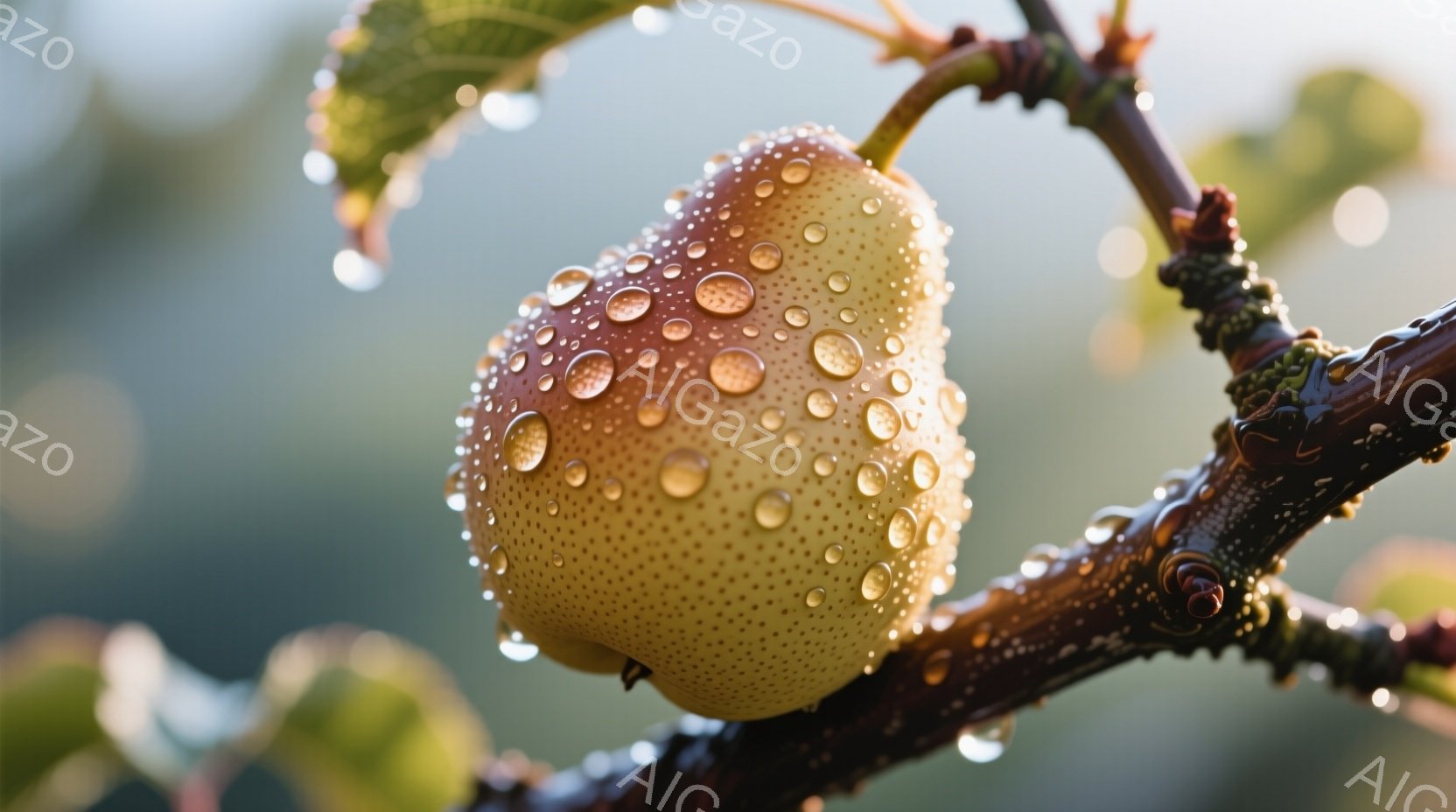 鮮やかな緑の背景に、雨粒に覆われた黄色と赤色の梨が枝にぶら下がっている。梨の表面には小さな水滴が密集しており、葉や枝も同様に濡れている。全体的にしっとりとした、自然の恵みを感じさせる穏やかな雰囲気である。