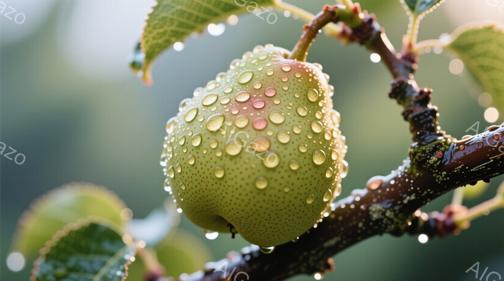 鮮やかな緑色の梨が、雨粒に覆われた枝にぶら下がっている。梨の表面には、大小さまざまな雨粒が密集しており、光を反射してキラキラと輝いている。背景は緑豊かな自然で、雨上がりのしっとりとした雰囲気が感じられる。