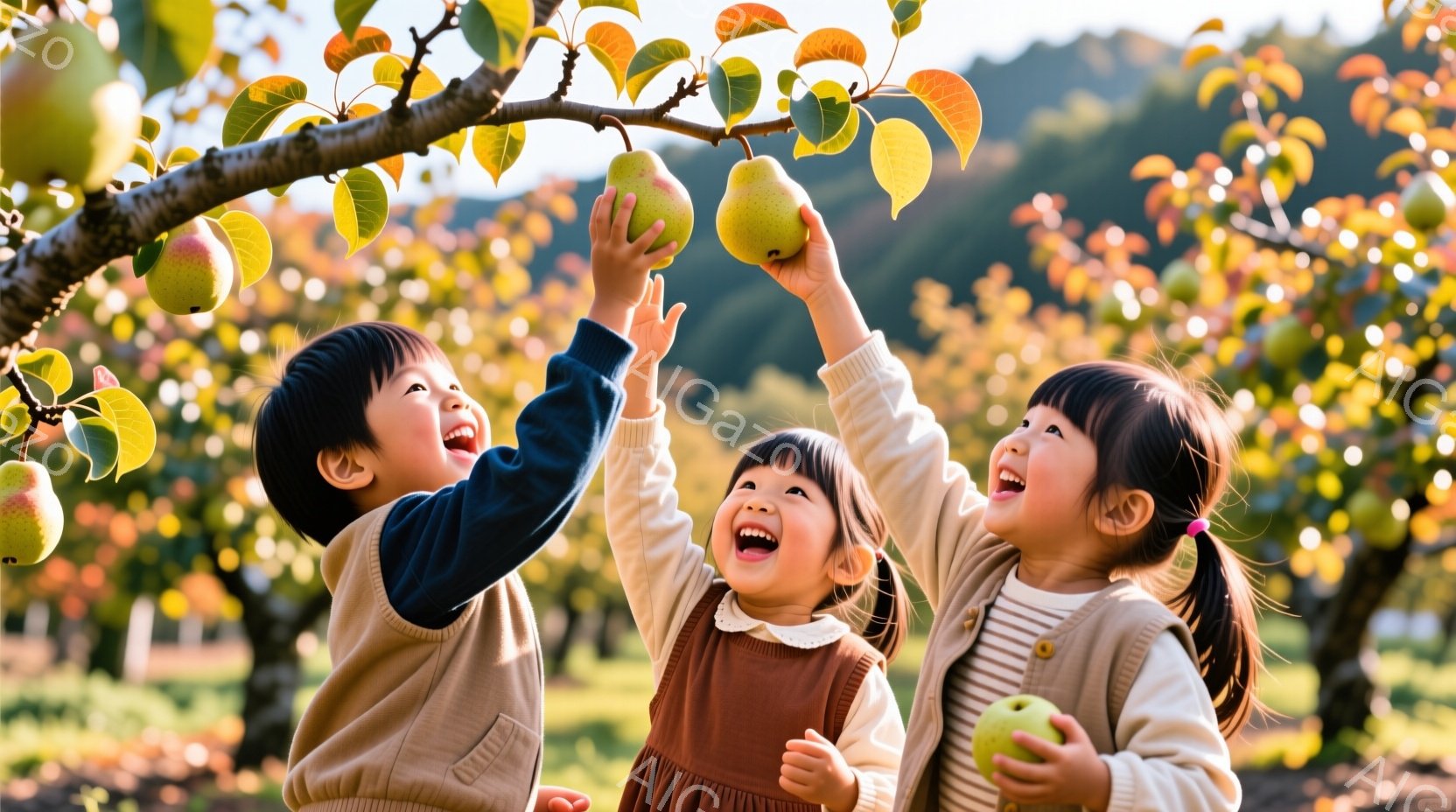 梨園で3人の子供たちが梨を収穫しようとしています。子供たちは皆、笑顔で、それぞれ茶色や青色の可愛らしい服装をしています。背景には緑豊かな梨の木々と、ぼやけた建物が見え、晴れた日の温かい雰囲気が伝わってきます。