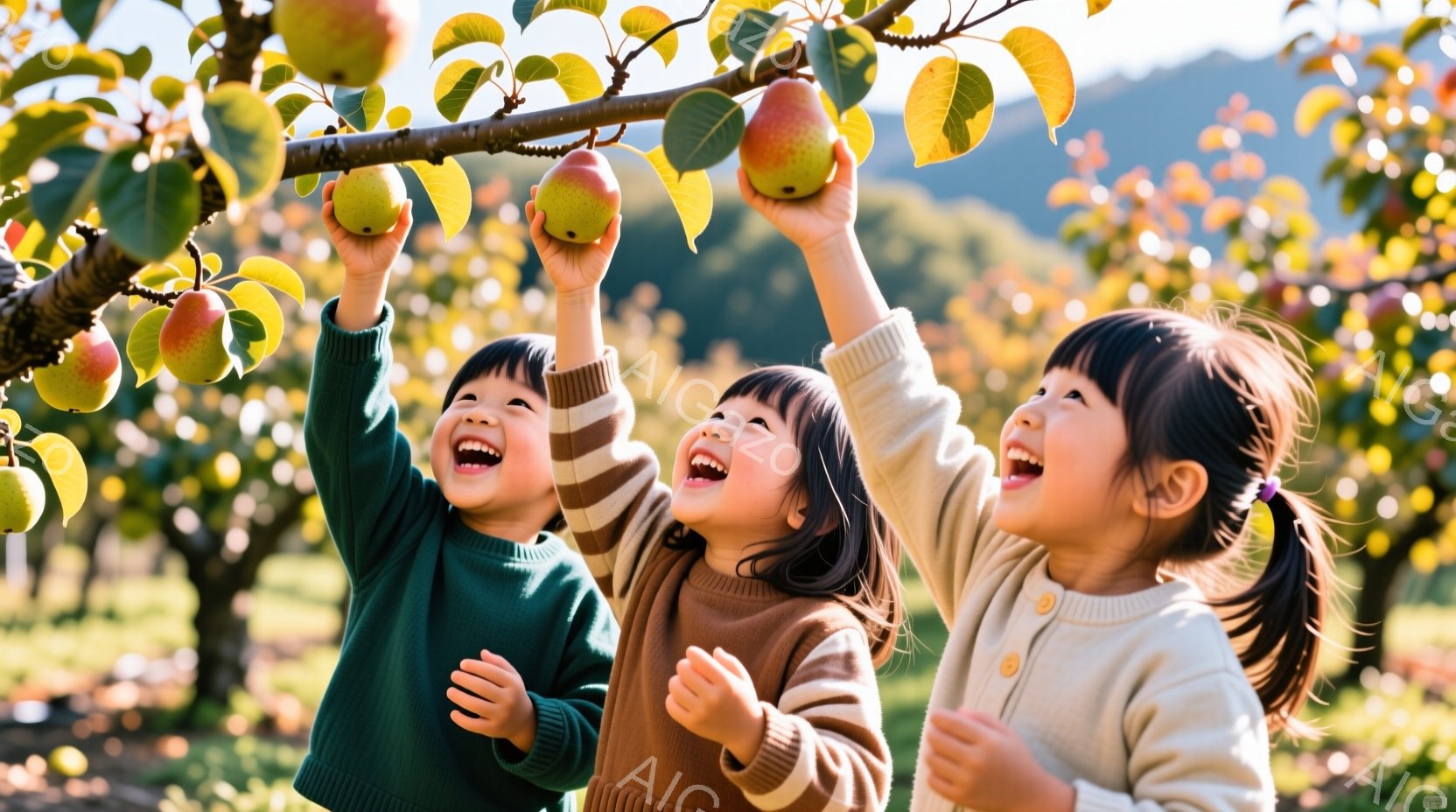 三人の子供たちがリンゴの木からリンゴを取ろうとしています。緑、茶色、クリーム色のセーターを着ており、皆笑顔で、髪はそれぞれポニーテールに結ばれています。背景には他のリンゴの木々が見え、晴れた空の下、穏やかで楽しげな雰囲気です。