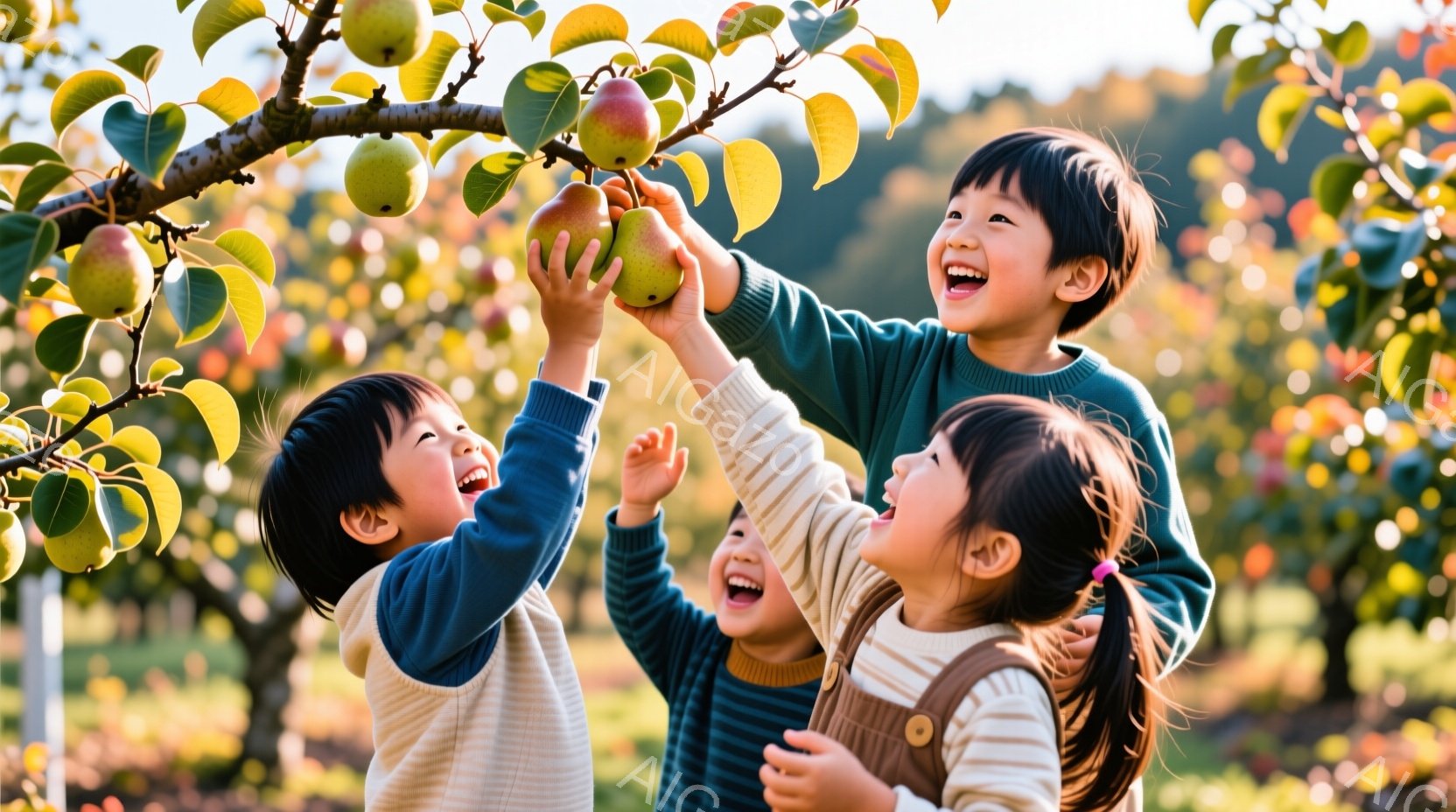 リンゴ園でリンゴを収穫する3人の子供たちが写っています。彼らは皆、明るい色のセーターを着ており、髪は短く、笑顔でリンゴに手を伸ばしています。背景にはリンゴの木々が広がり、太陽の光が差し込み、全体的に温かく楽しい雰囲気が漂っています。