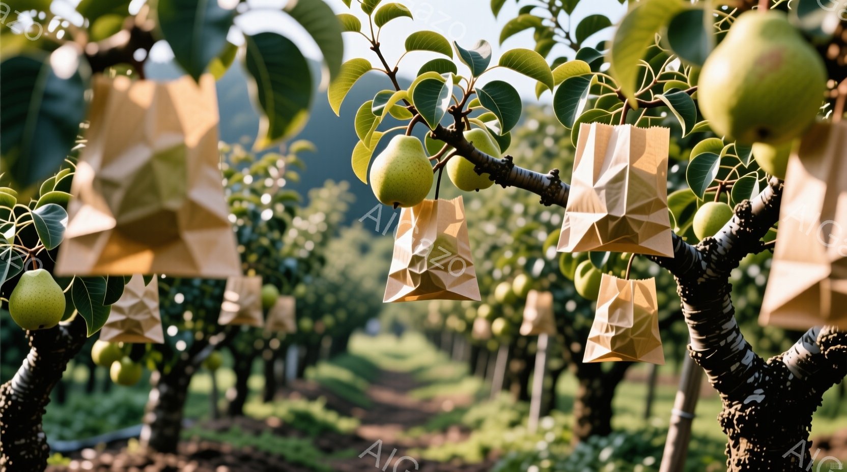 梨の木が密集した果樹園で、熟れた梨が枝に実っている様子が捉えられています。それぞれの梨には、紙袋が被せられており、鳥や害虫から守っているようです。背景には、緑豊かな丘陵地帯が広がり、穏やかで平和な雰囲気を醸し出しています。