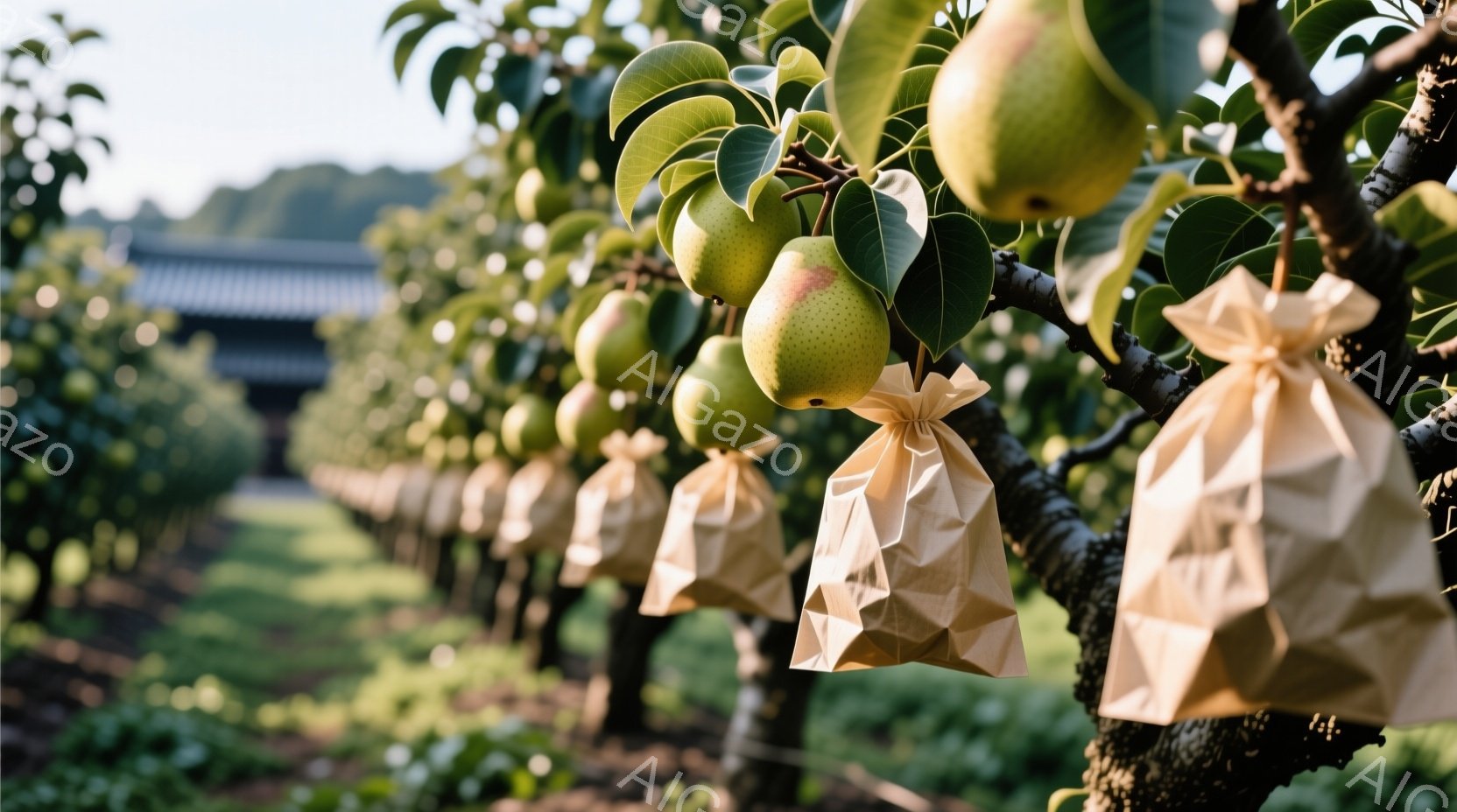 梨の木が整然と並び、それぞれの梨には茶色の紙袋がかけられています。背景には緑豊かな草地と、遠くに見える建物がぼんやりと確認できます。全体的に穏やかで、秋の収穫を予感させる静寂な雰囲気です。