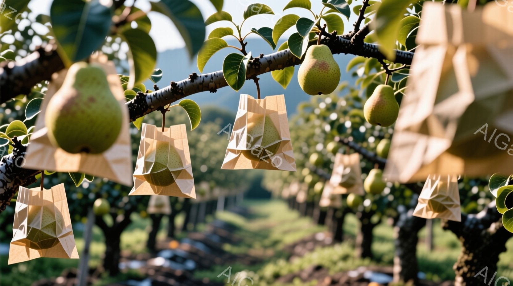 梨園が広がり、青々とした梨が枝に実っている様子が捉えられている。それぞれの梨は、保護のために茶色の紙袋で覆われており、太陽の光を浴びて穏やかな雰囲気を醸し出している。背景には、並木道のような梨の木々と、霞んだ遠景が広がり、自然豊かな風景が広がっている。