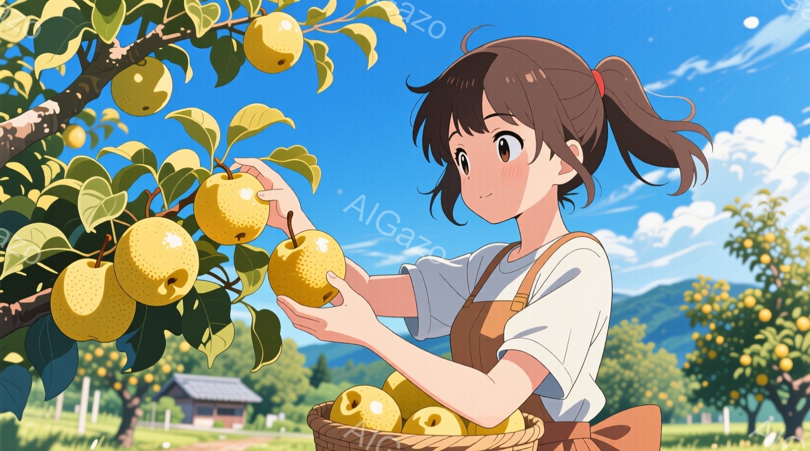 少女はオレンジ色のエプロンを身につけ、白いTシャツを着ています。彼女は梨の木の枝から熟した梨を丁寧に収穫し、満面の笑みを浮かべています。背景には緑豊かな丘陵地帯と、簡素な家屋、そして青空が広がっており、穏やかで牧歌的な雰囲気が漂っています。