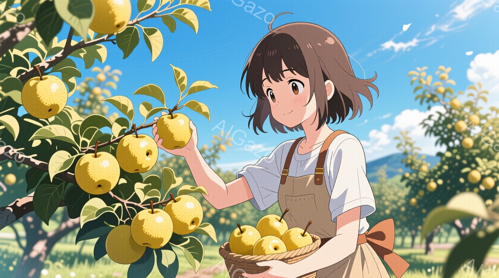 短い茶色の髪を振り分け、白いTシャツとベージュのエプロンを着た若い女性が描かれています。彼女はリンゴの木からリンゴを摘み、籐のバスケットにそれを入れる様子は穏やかで幸せな表情をしています。背景には青い空、緑豊かな木々、そして遠くに見える山々が広がり、晴れた日の果樹園の穏やかな雰囲気を醸し出しています。