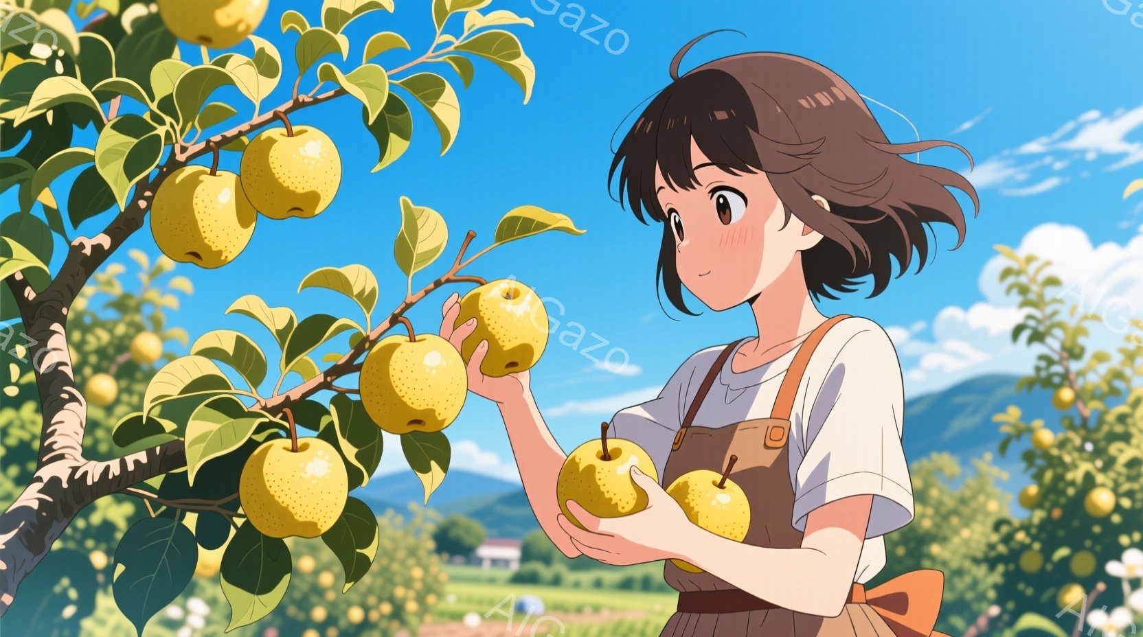 明るい日差しの下、茶髪の少女がリンゴの木からリンゴを手に取っています。彼女は白いシャツに茶色のエプロンを身に着け、少し頬を赤らめて微笑んでいます。背景には緑豊かな畑と山々が広がり、晴天の下、穏やかで牧歌的な雰囲気が漂っています。