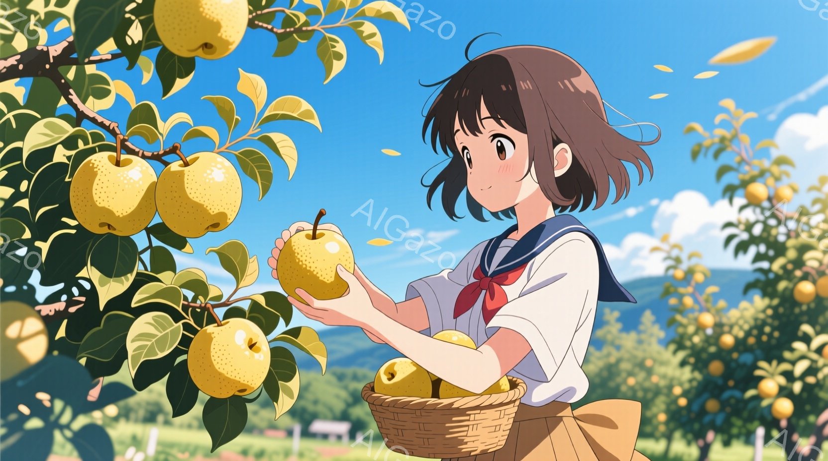 少女は梨園で、片手に梨を抱え、もう片手でカゴの梨を指している。彼女は短い茶色の髪に赤いリボンを結び、セーラー服を着ており、優しい笑顔を浮かべている。背景には緑豊かな梨の木々が広がり、晴れた空と遠くに見える山々が、穏やかで温かい雰囲気を醸し出している。