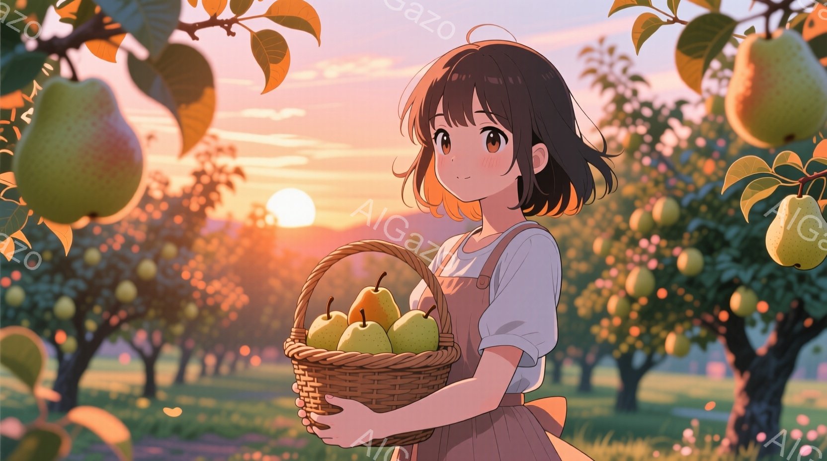 若い女性は、緑色の梨がたくさん入ったバスケットを抱えています。彼女は白いシャツにピンク色のオーバーオール姿で、短い茶色の髪に少しカールがかかっています。背景には梨の木が生い茂り、夕焼け空が広がり、暖かく穏やかな雰囲気です。
