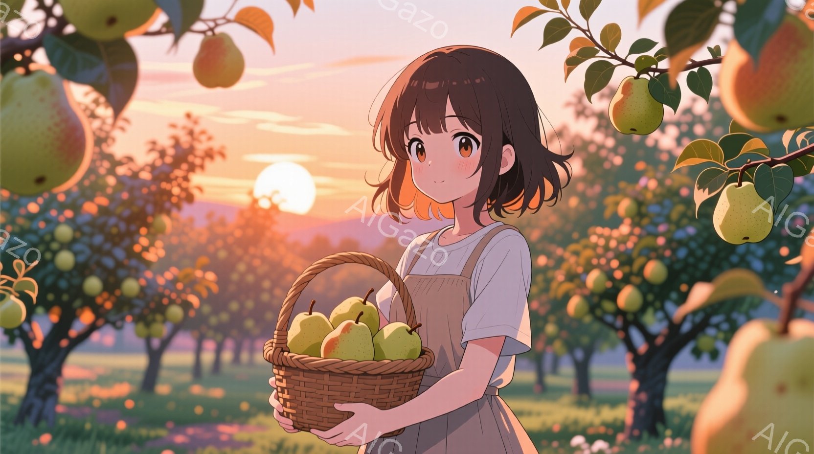 少女は梨の収穫かごを抱え、短い茶色の髪と明るい表情で微笑んでいます。彼女は白いシャツとベージュ色のオーバーオールを着ており、背景には緑豊かな梨の木々と夕焼けの空が広がっています。全体的に、暖かく穏やかな雰囲気で、秋の収穫の喜びを感じさせます。