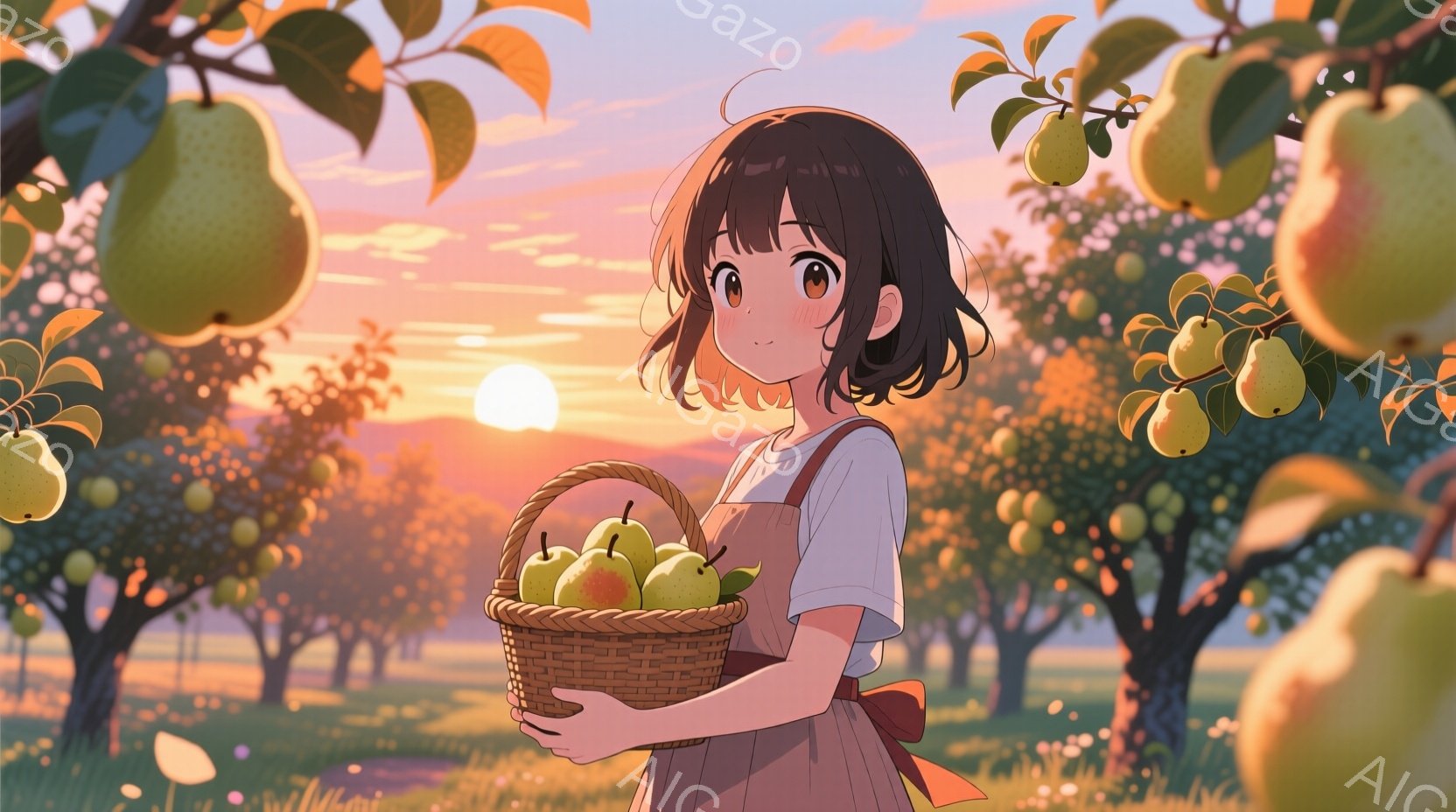 短い茶色の髪の少女が、収穫された梨がたくさん入ったバスケットを抱えています。彼女は白いTシャツと薄いピンクのエプロンを着ており、穏やかな笑顔を浮かべています。背景には梨の木が生い茂り、夕焼け空が広がり、暖かく穏やかな雰囲気を醸し出しています。