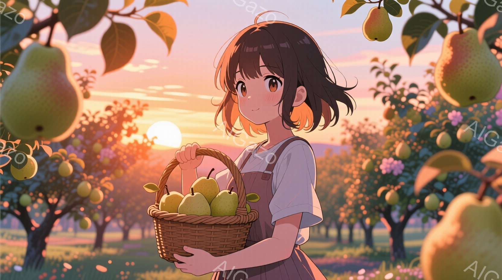 梨園で梨の入ったバスケットを持った若い女性が描かれています。彼女は肩出しの白いTシャツとエプロン姿で、肩までの長さの茶色の髪は少しカールしています。背景は夕焼けに照らされた梨の木々が並び、暖かく穏やかな雰囲気を醸し出しています。