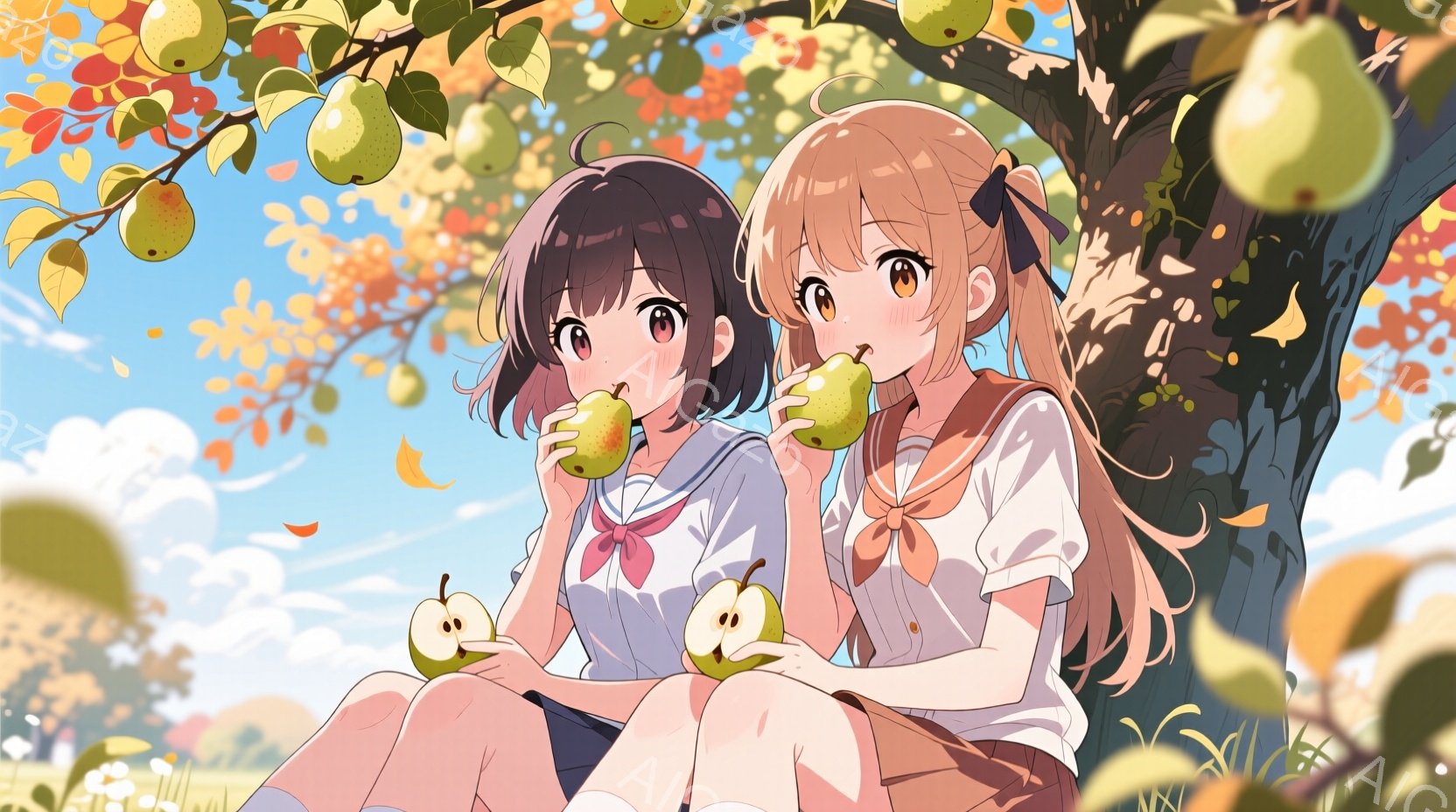 二人の少女が木陰で梨を食べているイラストです。制服姿で、片方は黒髪のボブスタイル、もう片方は金髪のロングヘアで、それぞれ頬を赤らめて楽しそうに梨をかじっています。背景には緑の草地、青空、そして梨の木が描かれており、秋の穏やかな雰囲気が漂っています。