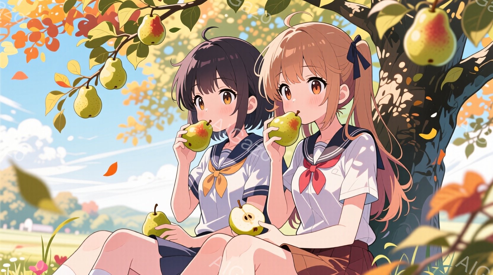 二人の少女が並んで座り、それぞれリンゴを手に持っています。制服姿で、髪型は一人が黒髪ショートボブ、もう一人はブロンドのロングヘアで、どちらも頬を赤らめて微笑んでいます。背景には緑豊かな自然と青空が広がり、リンゴの木から実がぶら下がっており、秋の穏やかな雰囲気を醸し出しています。
