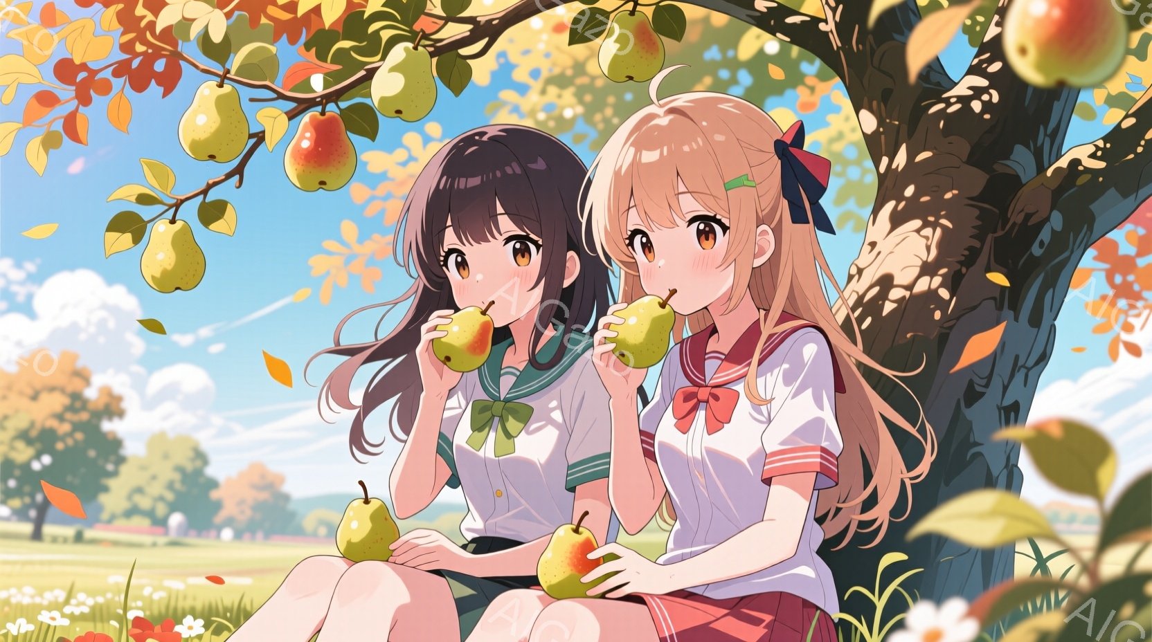 2人の若い女性が木の下に座って梨を食べている様子が描かれています。二人はどちらも制服を着ており、一人は黒髪で、もう一人は金髪のロングヘアで、リボンをつけています。背景には緑豊かな草原、木々、そして青空が広がり、穏やかで明るい雰囲気を醸し出しています。