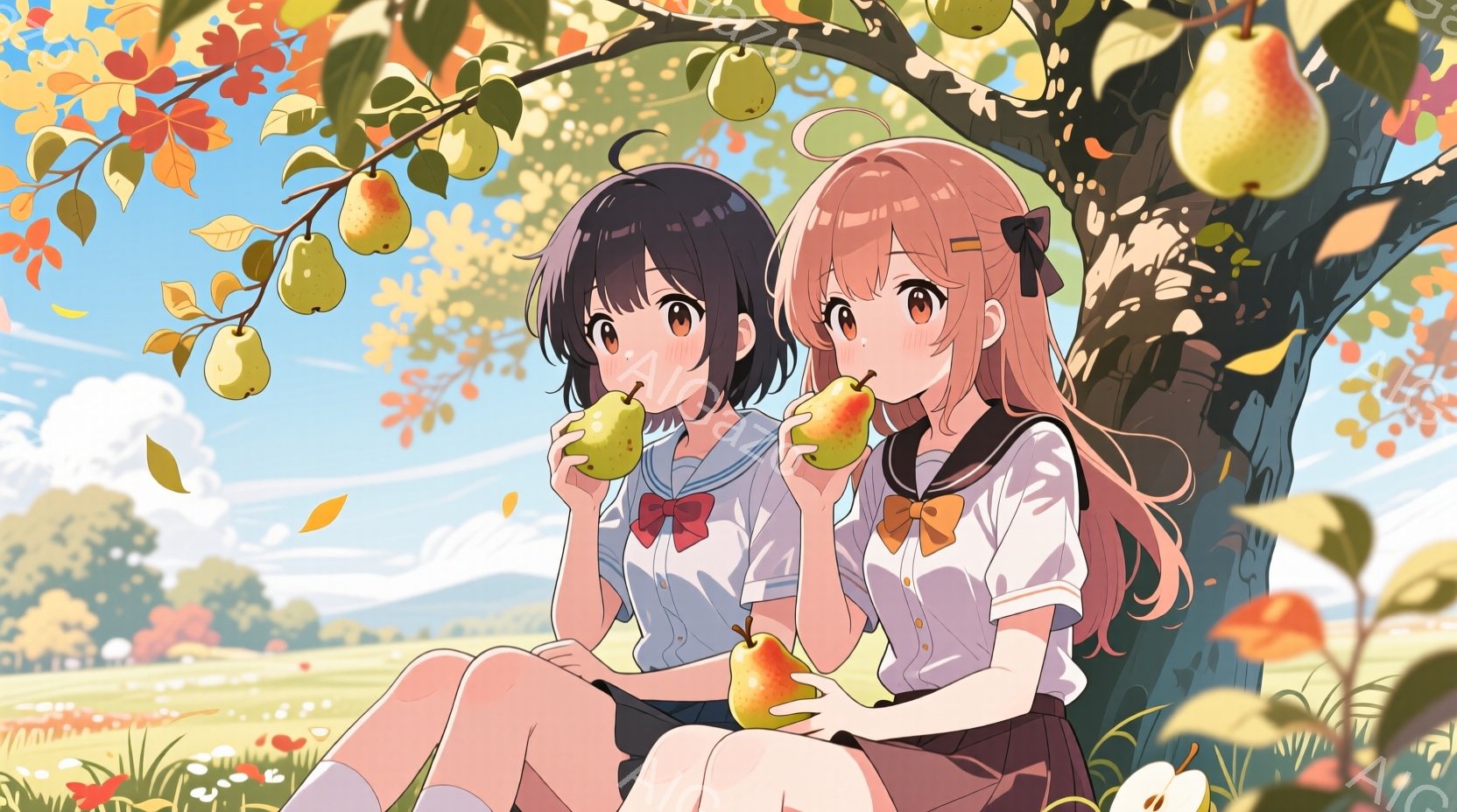 二人の少女が、梨の木の下に座って梨を食べている。彼女たちはどちらも制服を着ており、髪型は一人が黒髪のボブ、もう一人はピンク色のロングヘアで、リボンをつけている。背景には緑の草原と山々が広がり、晴れた空と落ち葉が秋の穏やかな雰囲気を醸し出している。