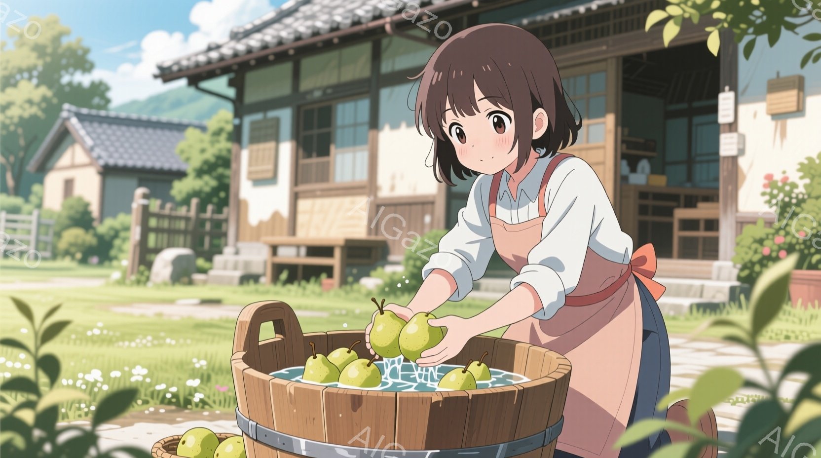 エプロン姿の若い女性が描かれています。彼女は木製の桶の中で梨を洗っており、少し微笑んだ表情をしています。背景には日本の伝統的な家屋と緑豊かな自然が広がり、晴れた日の穏やかな雰囲気を醸し出しています。