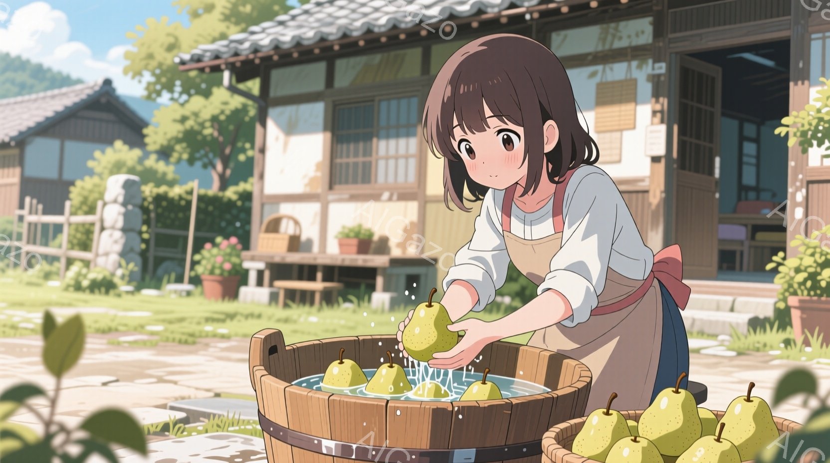 茶髪の少女が、腰にエプロンを巻き、バケツの中で梨を洗っています。彼女は少し微笑んでおり、穏やかな表情をしています。背景には木造の家と緑豊かな庭があり、晴れた日の穏やかな田園風景が広がっています。