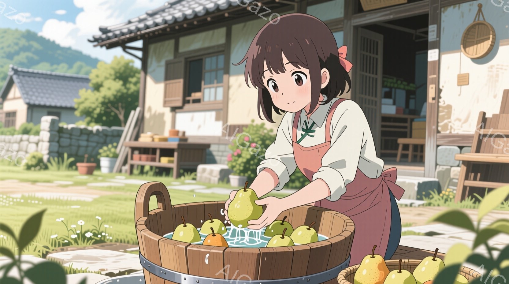 茶色の髪をリボンで結んだ少女が、木製の桶の中で梨を洗っています。彼女は白いブラウスにピンクのエプロン姿で、少し微笑みながら慎重に梨を扱っています。背景には日本の伝統的な家屋と緑豊かな自然が広がり、晴れた空の下、穏やかで平和な雰囲気が漂っています。