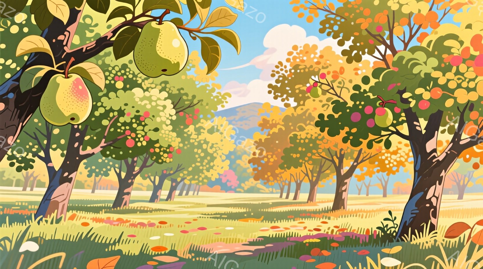 広大な果樹園が広がり、リンゴや梨が実った木々が生い茂っている。背景には穏やかな丘陵と青空が広がり、暖かい秋の日の雰囲気が漂っている。草地には小さな花々が点在し、全体的に明るく、平和な情景が描かれている。