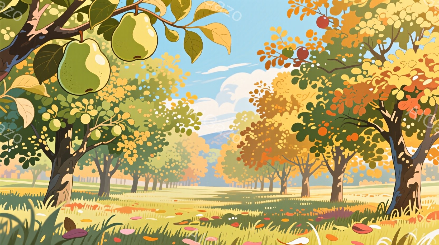 鮮やかな秋の果樹園が描かれており、梨とリンゴの木が並んでいます。地面は落ち葉で覆われ、遠景には穏やかな丘陵と青い空が広がっています。全体的に温かく、穏やかな雰囲気が漂い、秋の収穫の喜びを感じさせます。